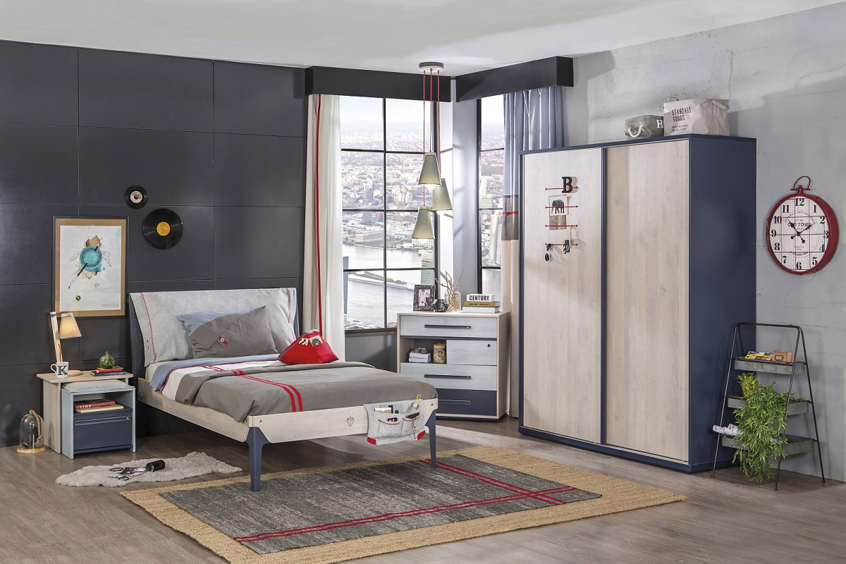 Študentská izba lincoln - dub/dub modrý/tmavomodrý.

 

S komodou Lincoln získate praktický úložný priestor, ktorý je tvorený štyrmi praktickými šuplíkmi a otvoreným priestorom.

 

Nočný stolík sa jednoducho rozloží na taburet a jedná sa tak o multifunkčný nábytok.

 

Študentská posteľ už na prvý pohľad zaujme svojím prevedením.

 

Kolekcia Lincoln bola vyrobená z kvalitného lamina a odolnej MDF dosky.

 

Študentská izba sa skladá z týchto prvkov:


	Veľká šatníková skriňa s posuvnými dverami Lincoln – 163x203x58cm (š, v, h)
	Zásuvková komoda Lincoln - 80x83x46cm (š, v, h)
	Nočný stolík 2v1 Lincoln - 55x48x41cm (š, v, h)
	Študentská posteľ 120x200cm s vankúšom Lincoln - 129x102x214cm (š, v, h)


 

Všetky produkty z kolekcie Lincoln nájdete nižšie v súvisiacich produktoch.