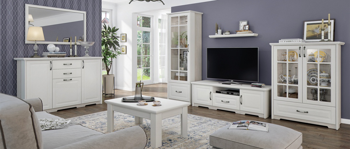 Obývacia izba marley - biela/borovica.

 

Čelá, ozdobné lišty a horné dosky sú lakované odolným UV lakom s jemným matným efektom.

 

Obývacia izba Marley sa skladá z týchto prvkov:


	Kombinovaná komoda Marley - 159x102x49cm (š, v, h)
	Zrkadlo Marley - 125x75x4cm (š, v, h)
	Vitrína Marley - 62x201x49cm (š, v, h)
	Kombinovaná vitrína Marley - 101x128x49cm (š, v, h)
	Závesná polica Marley - 100x5x19cm (š, v, h)
	Televízny stolík Marley – 159x51x55cm (š, v, h)
	Konferenčný stolík Marley – 102x45x66cm (š, v, h)
	2x Zdroj LED osvetlenia 18W



Všetok nábytok patriaci do kolekcie Marley nájdete nižšie v súvisiacich produktoch.