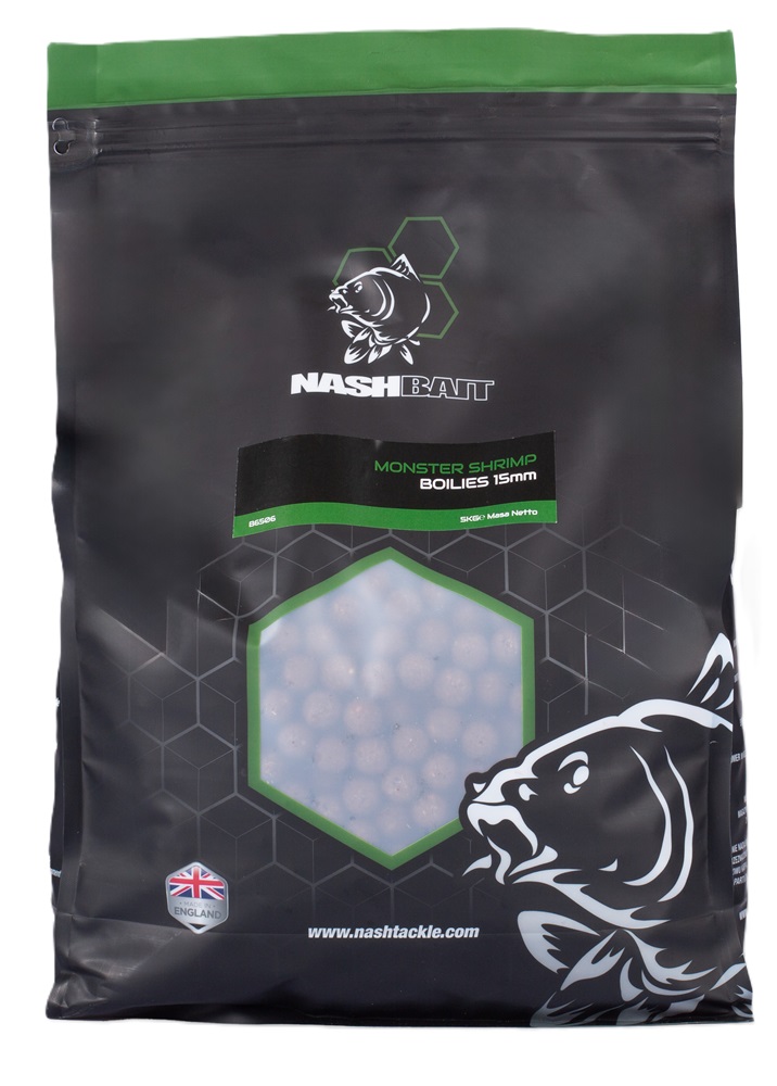 Nash boilies monster shrimp - 5 kg 15 mm.
 Základná zmes 
 Zachováva prvky z klasickej receptúry Monster Pursuit z 90.