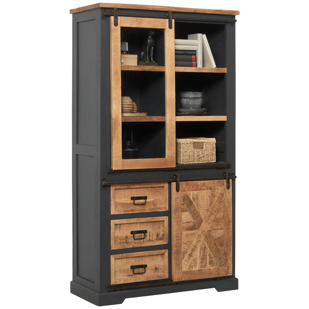 MID.YOU VITRÍNA, mangové drevo, sivá, prírodná farba, čierna, 100/180/45 cm.