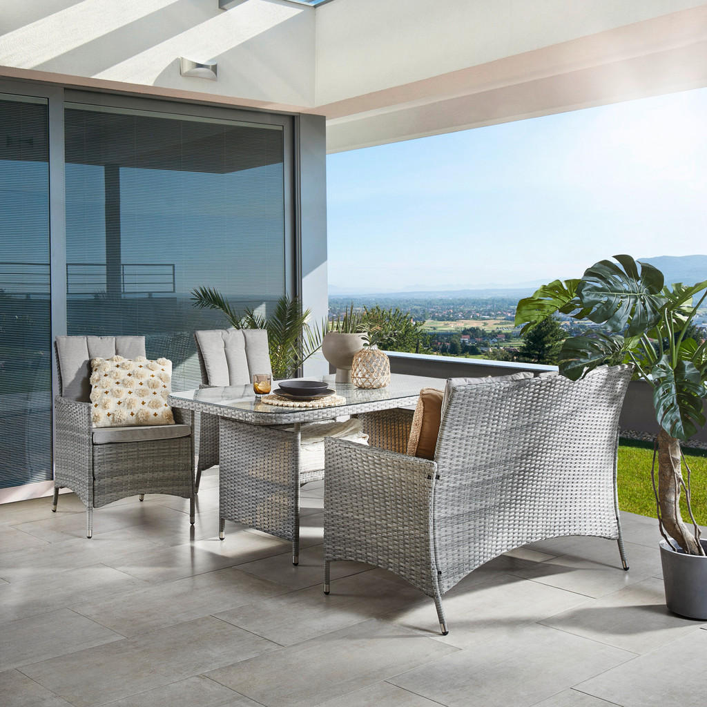 Ambia Garden JEDÁLENSKÁ TERASOVÁ SÚPRAVA 4-dielne, kov, plast, sklo, textil.