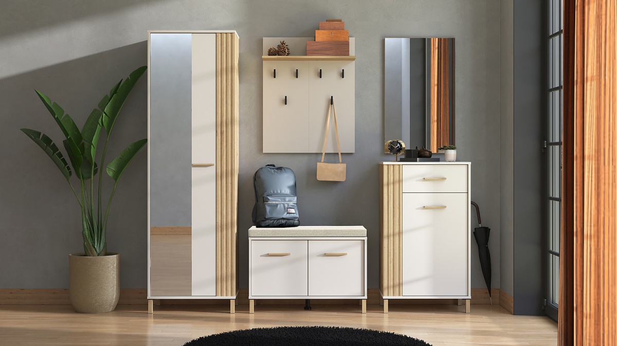 Predsieňová zostava katharos - béžová/dub artisan.

 

Dvierkový botník je ideálnou voľbou do menších priestorov.

 

Nízku predsieňovú komodu využijete ako na čiapky, šály či iné doplnky, ale z priestoru za dvierkami môžete ľahko vytvoriť botník.

 

Vysoká skrinka je vybavená dvierkami, za ktorými sa nachádza niekoľko políc a šatníková tyč.

 

Dá sa povedať, že zrkadlo je v predsieni čoraz väčšou nutnosťou.

 

Vešiakový panel si zamilujete nielen pre jeho praktickosť, ale aj fakt, že ho môžete umiestniť do miestnosti, ktorá praská vo švíkoch, a pritom neprídete ani o milimeter voľného miesta.

 

Predsieňová zostava sa skladá z týchto prvkov:


	Botník s polstrovaním Katharos - 80x52x40cm (š, v, h)
	Predsieňová komoda Katharos - 59,5x103,5x40cm (š, v, h)
	Predsieňová skrinka so zrkadlom Katharos - 59,5x192,5x40cm (š, v, h)
	Predsieňové zrkadlo Katharos - 51x83x2cm (š, v, h)
	Vešiakový panel Katharos - 66x83x20cm (š, v, h)


 

Všetky produkty z kolekcie Katharos nájdete nižšie v súvisiacich produktoch.