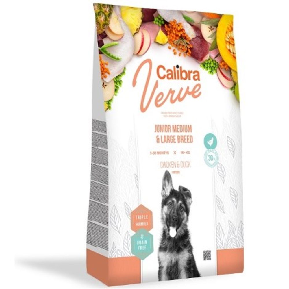 Calibra Dog Verve GF Junior Medium & Large Chicken & Duck 12 kg - Ablaufdatum bis zum 11.9.2025.
 
Die wichtigsten Vorteile von Calibra Dog Verve:


Enthält 80 % Zutaten tierischen Ursprungs
30% Frischfleischanteil vom Huhn
frei von Getreide, Gluten, Mais, künstlichen Farbstoffen, zugesetzten Konservierungsmitteln und GMOs
Ananasformel zur Unterstützung des Immunsystems
enthält Vitamin C, das antioxidative Eigenschaften hat und die Immunität unterstützt
mit Präbiotika (MOS, FOS, ß-Glucane) zur Unterstützung der Verdauung und des Immunsystems
Yucca schidigera reduziert Stuhlgeruch und Blähungen
einzigartige dreifach aktive Formel


Zusammensetzung:

Frisches Hühnerfleisch ohne Knochen 30 %, Entenprotein 26 %, Kartoffeln 11 %, Geflügelfett, hydrolysiertes Geflügelprotein 10 %, Kürbis 4 %, Erbsen 2 %, hydrolysierte Hühnerleber 2 %, Lachsöl 2 %, getrocknetes Apfelmark 2 %, Hefe, Zichorienwurzelpulver 0,2 %, getrocknete Ananas 0,1 %, Präbiotika (Mannan-Oligosaccharide 150 mg/kg, β-Glucane 120 mg/kg, Fructo-Oligosaccharide 100 mg/kg), Glucosamin 310 mg/kg, Chondroitinsulf