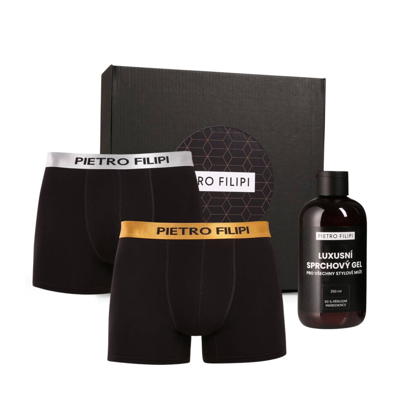 Pánska darčeková sada 2PACK boxerky Metalic a sprchový gel Pietro Filipi (3PBP1) XXL, trenky.
Ukážte svojmu milovanému mužovi, že vám na ňom záleží!
Čo obsahuje darčeková sada Pietro Filipi

2 páry štýlových pánskych boxeriek Pietro Filipi


1 balenie sprchového gélu Pietro Filipi s výživným zložením

 
Boxerky Pietro Filipi spájajú eleganciu a maximálnu kvalitu
Tieto boxerky sú vyrobené z mimoriadne jemného materiálu, takže sa v nich budete cítiť pohodlne po celý deň.
Výživný sprchový gél sa stará o vašu pokožku
Sprchový gél Pietro Filipi má jemné zloženie, ktoré nevysušuje pokožku, ale zanecháva ju jemnú a s sviežou, nenápadnou vôňou.
Prečo sa oplatí investovať do tejto darčekovej sady Pietro Filipi

Pohodlné boxerky na všetky príležitosti.


Kozmetika pre skutočných mužov.


Elegantné balenie.

 
Nový začiatok pre Pietro Filipi
Značka Pietro Filipi je na českom trhu už mnoho rokov a je známa najmä svojím moderným oblečením pre biznis a voľný čas.
Ako sa starať o svoje obľúbené boxerky
Aby vaše nové boxerky zostali v perfektnom stave, je dôležité dodržiavať tieto pokyny:

Pranie: Odporúčame prať boxerky na 40 °C.


Sušenie: Boxerky môžete sušiť v sušičke, ale len pri nízkej teplote, aby nedošlo k poškodeniu elastanu.


Žehlenie: Môžete ich žehliť pri nízkej teplote, ale odporúčame ich žehliť naruby, aby sa zachovala kvalita materiálu a logá.

Tip: Nájdenie správneho spodného prádla, ktoré vám perfektne sedí, môže byť niekedy náročné.