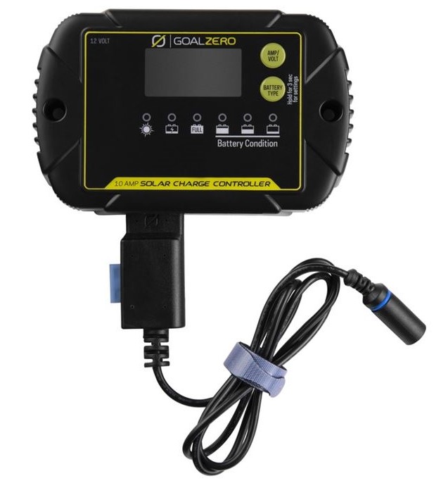 Goal zero menič k solárnemu panelu 10a charge controller.
 Príklad zapojenia: Solárny panel Boulder 100 Kufor --> 10A Charge Controller --> kábel SPADE to SAE --> adaptér SAE TO RING TERMINAL --> Váš akumulátor.
 10 A CHARGE CONTROLLER NEFUNGUJE S GOAL ZERO YETI X.
 Súčasť balenia: kábel s koncovkou SPADE do 8 mm 
 PARAMETRE •Rozmery: 15.5 x 9.91 x 2.6 cm •Certifiát odolnosti: IP65 •Prevádzková teplota: -25 to 50°C •Hmotnosť: 408 g 
 Elektrické parametre: •Menovitý prúd solárneho panelu Goal zero: 10 A •Normálne vstupné napätie poľa solárnych článkov: 15-22 V •Max.
 Nabíjacie charakteristiky: •Počiatočné napätie pri 25 °C: 3-10 V •Nabíjacie napätie pri 25 °C:               LTO akumulátor - 14,0 V               Gélový akumulátor - 14,1 V               LiFePO4 akumulátor - 14,4 V               AGM akumulátor - 14,4 V               Olovený akumulátor - 14,7 V               Kalciový akumulátor -14,9 V •Vyrovnávacie napätie pri 25 °C - olovený alebo kalciový akumulátor - 15,5 V •Plávajúce napätie pri 25 °C:              Gélový, AGM, olovený, kalciový akumulátor - 13,6 V              LTO a LiFePO4 - 13,4 V •Kompenzačný súčiniteľ teploty akumulátora: -24 mV/°C 
 Ochrana: •Proti prepólovaniu alebo skratovaniu.