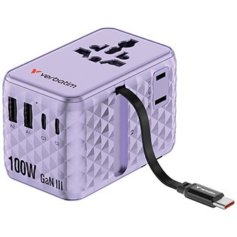 Verbatim, Cestovní adaptér univerzální Charge ,n, Travel 2x USB-C, 2X USB-A + 1x integrovaný kabel USB-C, fialová, 100 W.