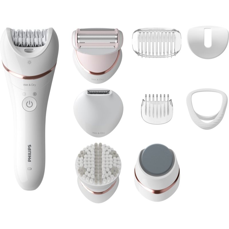 Philips Epilator Series 8000 BRE740/10 Wet & Dry epilátor pre ženy BRE740/10 1 ks.
   Dokonale hladké lýtka vám už za 10 minút vykúzli epilátor pre ženy Philips Epilator Series 8000 BRE740/10 Wet & Dry.
   V súprave nechýba ani sada deviatich nadstavcov na úpravu citlivých partií, odstránenie odumretých kožných buniek či vyhladenie chodidiel.
   Vlastnosti: 
   
    až na 4 týždne odstraňuje chĺpky 
    už za 10 minút zvládne obe lýtka 
    zachytáva aj tie najjemnejšie chĺpky 
    zanecháva pokožku úžasne hladkú 
    v priebehu 5 minút vyhladzuje hrubé chodidlá 
    odstraňuje odumreté kožné bunky 
    vhodný na mokré aj suché holenie 
    možno použiť aj vo vani 
   
   Technická špecifikácia: 
   
    32 keramických epilačných diskov 
    2 nastavenia rýchlosti (64 000/70 400 otáčok za minútu) 
    mimoriadne široká epilačná hlavica – pokryje väčšiu plochu pokožky jedným ťahom 
    ergonomická rukoväť v tvare S na jednoduchú manipuláciu 
    zabudované svetlo Opti-light na zachytenie aj tých najjemnejších chĺpkov 
    pohodlná bezkáblová prevádzka 
    lítiovo-iónová batéria – až 40 minút prevádzky po 2-hodinovom nabití 
   
   Príslušenstvo: 
   
    holiaca hlavica pre ľahkú a pohodlnú depiláciu 
    kryt pre optimálny kontakt s pokožkou – jemne napína pokožku, a tak znižuje ťahanie a pocity nepohodlia 
    zastrihávací hrebeň na oblasť bikín 
    zastrihávacia hlavica a hrebeň na oblasť slabín a intímne partie 
    peelingová kefka s 48 200 štetinami – dokonale odstraňuje odumreté kožné bunky a predchádza zarastaniu chĺpkov 
    nadstavec na pedikúru – vyhladzuje hrubú pokožku na chodidlách 
    kryt na ošetrenie tváre, podpazušia či línie bikín 
    puzdro na uloženie 
    čistiaca kefka 
   
   Ako používať: Postupujte podľa priloženého návodu.