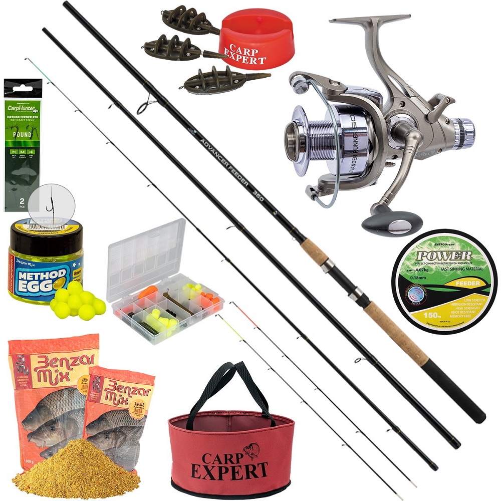 Carp expert prút set advancer method 3,6 m 50-100 g.
 Základ setu tvorí najnovší Advanced Feeder.
 Okrem výborného blanku disponuje kvalitnou korkovo-duplonovou rukoväťou, ktorá zaručuje isté náhody pri akýchkoľvek podmienkach.
 Séria je dostupná v 2 rozmeroch a 3-dielnych spracovaniach, čo zaručuje ľahký a pohodlný transport, či už v aute, na motorke alebo pri inej metóde prenosu na vodný breh.
 Má klasický skrutkový držiak navijaka dokonale pasujúci k navijaku Carp Expert Advancer Runner 6000, ktorý ho svojim dizajnom aj prevedením robí ideálnym.
 Vstavané 3+1 ložiská zabezpečujú navijaku hladký chod.
 Na zapnutie voľnobežnej brzdy potlačte dopredu rameno nachádzajúce sa v zadnej časti navijaka, potom nastavte silu brzdy pomocou otočného regulátora a voľnobežná brzda je pripravená na použitie.
 K navijaku patrí samozrejme kotúč šnúry Carp Power, navyše kvôli jeho využitiu aj pri Method metóde set obsahuje aj Carp Expert method krmítko s formičkou a balením háčikov s nástrahovými tŕňmi.
 Nielen začiatočník sa môže tešiť z dobre vybraného setu s drobnosťami.
 Set Carp Expert Rapid All-in Feeder sa skladá z nasledujúcich produktov: - 2 druhy gumovej kukurice + 1 druh gumových peliet - Silné kaprárske obratlíky a karabínky - Viac rozmerov praktických gumových prevlekov a trubičiek proti zamotaniu - Gumové perly - Feeder karabínky na jemnú montáž - Nástrahové tŕne - Vrták na nástrahy a ihla na navliekanie 
 Dokonca, keby bolo treba len nahodiť, súčasťou setu Advancer Feeder je kilo Benzar Mix kŕmnej zmesi, jedno Method Egg a jedno praktické miešadlo kŕmnej zmesi.
 Celý obsah setu: - Carp Expert Advancer Feeder 50-100 g v 3,6 alebo 3,9 metrovej dĺžke - Navijak Carp Expert Advancer Runner 6000 - Kotúč šnúry Power Feeder - Set košíka Carp Expert Method s plničkou - Set drobností Carp Expert Rapid All-In Feeder so škatuľkou - Method náväzec s nástrahovým tŕňom - 1 ks Benzar Method Egg - 1 balenie kŕmnej zmesi - Miešadlo na krmivo