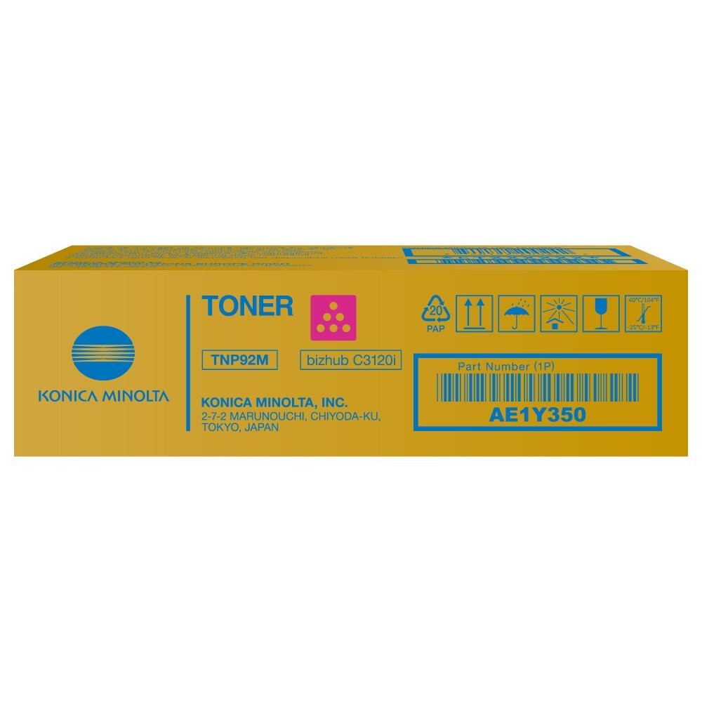 Konica Minolta TNP-92M AE1Y350 purpurový (magenta) originálny toner.
Originálny toner = záruka priamo od výrobcu tlačiarne
100 % použitie v tlačiarni - bezproblémové fungovanie s vašou tlačiarňou
Použitím originálnej náplne predlžujete životnosť tlačiarne
Osvedčená špičková kvalita - vysoko kvalitná a spoľahlivá tlač originálnou tlačovou kazetou od prvej do poslednej stránky
Trvalé a profesionálne výsledky tlače - dlhodobá udržateľnosť tlače
Kratšia prodleva pri tlači stránok
Garancia Vašej spokojnosti s použitím našej originálnej náplne
Zabezpečujeme bezplatnú recykláciu originálnych náplní
Zlyhanie náplne v menej ako 1% prípadov
Jednoduchá a rýchla výmena náplne

Kód výrobcu: AE1Y350