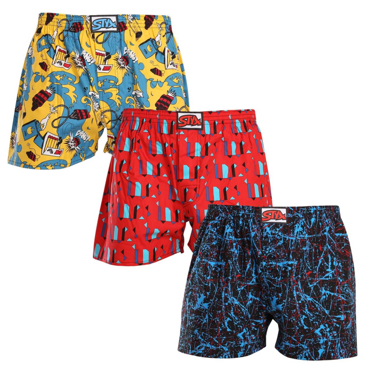 3PACK pánske trenky Styx art klasická guma viacfarebné (3A16390) XL, trenírky.
Doprajte si štýl a pohodlie s pánskymi šortkami Styx v pestrých farbách a originálnom dizajne.
Mäkký materiál pre celodenné pohodlie
Šortky Styx sú vyrobené zo 100 % bavlny, ktorá ponúka mäkkosť a priedušnosť aj pri celodennom nosení.
Originálny dizajn a pohodlné nosenie
Šortky Styx vnesú do vášho šatníka hravosť a jedinečný štýl vďaka odvážnym farbám a originálnym potlačiam.
Prečo si zaobstarať šortky Styx?

Vyrobené v Českej republike s dôrazom na kvalitu a precíznosť.


Materiál zo 100 % bavlny pre mäkkosť a pohodlie.


Originálne a zábavné vzory, ktoré vás odlíšia.

Kvalita z Českej republiky, to je spodná bielizeň Styx
Spodná bielizeň Styx sa kompletne vyrába v Českej republike.
Ako sa starať o šortky Styx
Ak chcete zachovať kvalitu a pohodlie svojich šortiek, postupujte podľa týchto pokynov:

Pranie: Perte pri maximálnej teplote 30 °C, aby ste zachovali intenzívne farby a mäkkosť bavlny.


Sušenie: Neodporúčame sušenie v bubnovej sušičke, radšej ich nechajte voľne uschnúť na vzduchu.


Žehlenie: Šortky môžete žehliť pri nízkej teplote, aby mali hladký vzhľad.

Tip: Staňte sa expertom na údržbu spodnej bielizne vďaka tipom v našom článku a doprajte svojim obľúbeným kúskom starostlivosť, akú si zaslúžia.