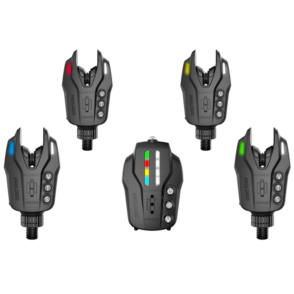 Prologic sada signalizátorov element com-pact alarm set - 3+1.
 Technické údaje: •Nastaviteľná hlasitosť, tón a citlivosť •Úrovne citlivosti: 3, 5, 7, 14, 28 a 56 mm •Šesť úrovní hlasitosti a tónu •2,5mm zdierka pre svietiaci indikátor •Výkonné interné Li-On batérie •Nízka spotreba energie •Upozornenie na vybitú batériu •Možno nabíjať počas rybolovu •1 m dlhý nabíjací kábel (60 cm + 4x 40 cm) •Viacfarebná LED dióda na hlásičoch •Dosah najmenej 100 m (v závislosti od terénu) •IP66 odolnosť proti prachu a vode •Vibračný režim na príposluchu •LED diódy na príposluchu •Indikácia spätného záberu (padáku)