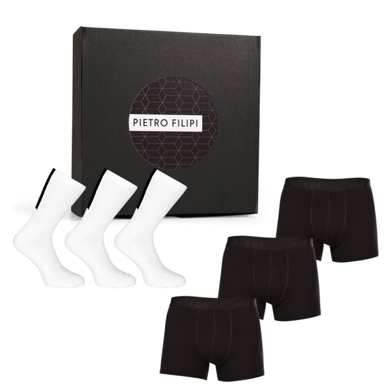 Pánska darčeková sada 3PACK boxerky a 3PACK športové ponožky Pietro Filipi (6PBOV1) M, trenky.
Dajte svojmu obľúbenému mužovi najavo, že vám záleží na jeho pohodlí.
Čo obsahuje darčeková súprava spodnej bielizne Pietro Filipi

3 kusy pánskych boxeriek Pietro Filipi s tkanou gumou a logom


3 páry ponožiek Pietro Filipi s vysokým strihom (zodpovedá veľkosti L 43-46)

Pánske boxerky Pietro Filipi zaručujú pohodlie počas celého dňa
Priliehavé boxerky Pietro Filipi sú vyrobené z kvalitnej zmesi bavlny a elastanu, ktorá je príjemná na pokožku, dobre odvádza vlhkosť a dokonale sa prispôsobí vášmu telu.
Ponožky pre dokonalý štýl a pohodlie
Ponožky vás potešia svojím zložením, ktoré im dodáva maximálnu priedušnosť a savosť, takže sa budete cítiť pohodlne od rána do večera.
Prečo sa darčeková súprava boxeriek a ponožiek Pietro Filipi oplatí

Praktický darček pre každého muža.


Elegantné balenie.


Kvalitný materiál a nadčasový dizajn.

Spodná bielizeň Pietro Filipi pre všetkých štýlových mužov
Značka Pietro Filipi má na českom trhu dlhoročnú tradíciu.
Ako sa starať o novú spodnú bielizeň
Aby vám radosť z nových boxeriek a ponožiek vydržala čo najdlhšie, odporúčame vám dodržiavať tieto rady.

Pranie: Boxerky perte pri teplote 40 °C, ale v prípade ponožiek odporúčame prať pri teplote 30 °C.


Sušenie: Ponožky môžete sušiť v sušičke, ale ponožky nechajte schnúť na vzduchu.


Žehlenie: Ak musíte, žehlite boxerky pri nižšej teplote.

Tip: Staňte sa expertom na údržbu spodnej bielizne vďaka tipom v našom článku a doprajte svojim obľúbeným kúskom starostlivosť, akú si zaslúžia.
Zloženie:
Ponožky - 75 % bavlna, 16 % polyamid, 5 % elastan, 4 % polyamid
Boxerky - 95 % bavlna, 5 % elastan