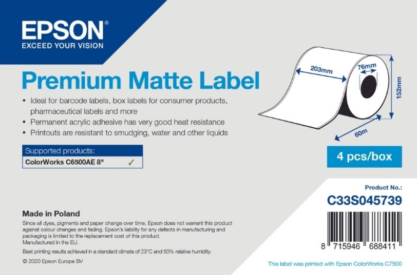 Epson C33S045739 Premium Matte, pre ColorWorks, 203mm x 60m, biele samolepiace etikety.
 
Etikety Premium Matte od Epson ColorWorks s matnou vrchnou vrstvou
Ideálne pre tlač štítkov s čiarovými a QR kódmi na obaly spotrebného a farmaceutického tovaru (fľaše vína, piva, čistiace prostriedky, lieky atď.
)
Pre tlač vo fotografickej kvalite – veľmi ostré obrázky aj text vďaka technológii Epson ColorWorks
Odolné voči vysokým teplotám, rozmazaniu a vode
Optimálne na vytváranie personalizovaných samolepiacich etikiet pre menšie objemy

Kód dodávateľa:C33S045739