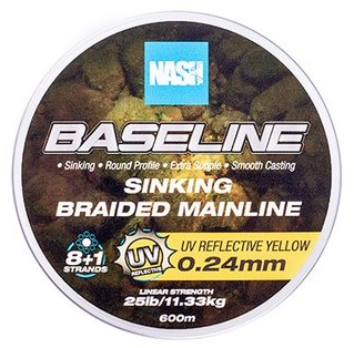 Nash splietaná šnúra baseline sinking braid uv yellow 600 m - 0,24 mm 11,33 kg.
 Baseline UV Yellow ponúka novú technológiu v segmente splietaných šnúr, kedy obsahuje vlákna odrážajúce ultrafialové svetlo – umožňuje ich viditeľnosť vo dne aj v noci, keď na ňu dopadne ultrafialový lúč čelovky Powerbanx UV Headtorch.
 Pre rybárov, ktorí radi lovia z lode alebo zaviažu svoje montáže, je to obrovská výhoda.
 K dispozícii sú na cievkach po 600 m a 1200 m.