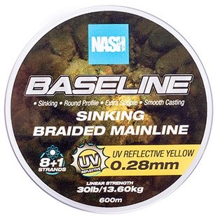 Nash splietaná šnúra baseline sinking braid uv yellow 600 m - 0,28 mm 13,6 kg.
 Baseline UV Yellow ponúka novú technológiu v segmente splietaných šnúr, kedy obsahuje vlákna odrážajúce ultrafialové svetlo – umožňuje ich viditeľnosť vo dne aj v noci, keď na ňu dopadne ultrafialový lúč čelovky Powerbanx UV Headtorch.
 Pre rybárov, ktorí radi lovia z lode alebo zaviažu svoje montáže, je to obrovská výhoda.
 K dispozícii sú na cievkach po 600 m a 1200 m.