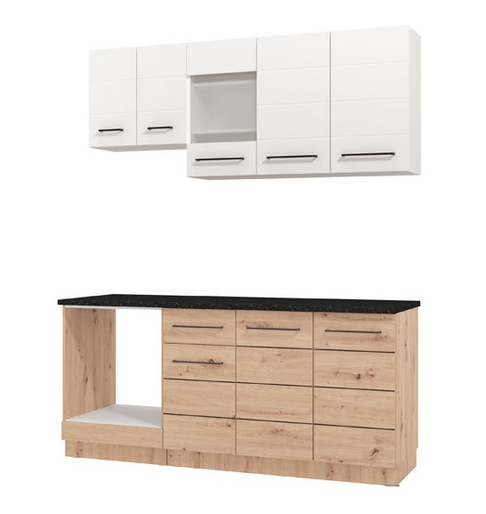 Kuchynská linka danya-biela, dub - 180cm/28mm.

 

Horné skrinky sú vybavené mnohými vnútornými policami a zavesujú sa na stenu pomocou závesov umiestnených vo vnútri skriniek.

 

Spodná časť zostavy ponúka praktický úložný priestor v podobe drezovej skrinky s dvierkami a širokej skrinky s poličkami.

 

Korpusy skriniek sú vyrobené z kvalitného lamina a opatrené ABS hranou pre vyššiu odolnosť voči poškodeniu.

 

*ABS hrany = pásky slúžiace na olepenie a ochranu hrán nábytkových dosiek.

 

Kuchynská linka je dodávaná bez pracovnej dosky a bez drezu.

 

Hĺbka skriniek s pracovnou doskou je 60 cm.

 

Podobné produkty nájdete v súvisiacich produktoch nižšie.

 

 