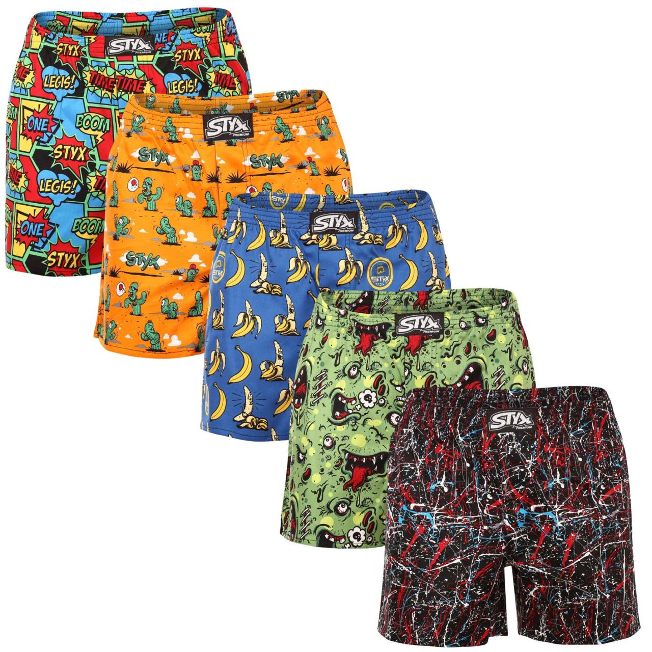 5PACK moške široke boksarice Styx premium art klasična guma (5AP9551913) S.
Si želite privoščiti popolno udobje in hkrati izstopati z izvirnim slogom?
Luksuzni bombažni saten za vrhunsko udobje
Kratke hlače so izdelane iz 100-odstotnega bombažnega satena, ki jim daje mehkobo, lahkotnost in zračnost.
Klasično udobno prileganje in izvirni potiski
Moške kratke hlače Styx so ohlapnejšega kroja, ki vam omogoča največjo svobodo gibanja.
Zakaj ne smete zamuditi kratkih hlač Styx

Vrhunski bombažni saten: Zaradi razkošnega občutka in mehke teksture vam bo udobno ves dan.
Edinstvena zasnova: Izvirni vzorci in drzne barve vam bodo takoj izboljšali razpoloženje.
Češka kakovost: Natančna izdelava in dolga življenjska doba.

Kakovost iz Češke, to je spodnje perilo Styx
Spodnje perilo Styx je v celoti izdelano na Češkem.
Kako skrbeti za kratke hlače, da bodo dolgo ostale kot nove?

Pralnica: Priporočamo pranje pri 30 °C, da ohranite mehkobo in bogate barve kratkih hlač.
Sušenje: Preskočite sušilnik, da satenast material ohrani svoj razkošen videz.
Likanje: Likalnik lahko izpustite ali ga nastavite na nizko temperaturo, da ne poškodujete občutljive teksture tkanine.

Nasvet: Postanite strokovnjak za vzdrževanje spodnjega perila z z nasveti v našem članku in svojim najljubšim kosom zagotovite nego, ki si jo zaslužijo.