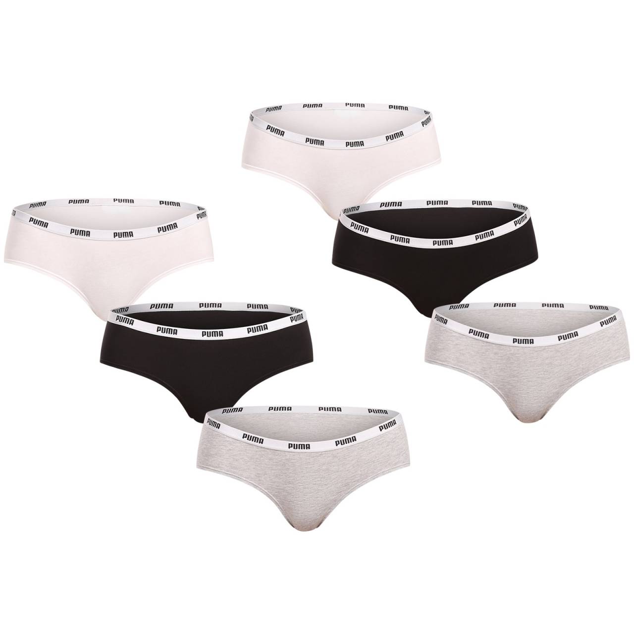 6PACK dámske nohavičky Puma viacfarebné (701218976 002) S.
Zvoľte si pohodlie, ktoré vás bude sprevádzať každý deň.
Materiál, ktorý vás rozmazná
Nohavičky Puma sú vyrobené z vysoko kvalitnej bavlny s prímesou elastanu.
Vďaka tejto kombinácii si užijete maximálne pohodlie bez nepríjemného rezania alebo vyhrňovania.
Praktický a nadčasový dizajn pre modernú ženu
Nohavičky Puma majú jednoduchý, klasický strih s nižším pásom a hladkými okrajmi, takže nie sú viditeľné pod oblečením.
Prečo by ste mali vyskúšať nohavičky Puma

Celodenné pohodlie: Mäkká bavlna s elastanom neobmedzuje pohyb.
Športový a elegantný vzhľad: Diskrétne logo Puma a jednoduchý strih.
Skvelé padnutie: Guma netlačí, ale nohavičky perfektne držia na mieste.
Všestranné použitie: Ideálne na každodenné nosenie, cestovanie a ľahké športové aktivity.

Spodná bielizeň Puma nie je určená len pre športovcov
Značka Puma je známa po celom svete predovšetkým vďaka oblečeniu a spodnej bielizni, ktoré nosia slávni športovci.
Ako sa starať o dámske nohavičky Puma
Aby vám vaše obľúbené nohavičky vydržali čo najdlhšie, odporúčame dodržiavať tieto pokyny na údržbu.

Pranie: Perať pri 30 °C, ideálne na jemný cyklus.
Sušenie: Nesušte v sušičke.
Žehlenie: Nežehlite.

Tip: Vaše obľúbené spodné prádlo si zaslúži šetrné zaobchádzanie.