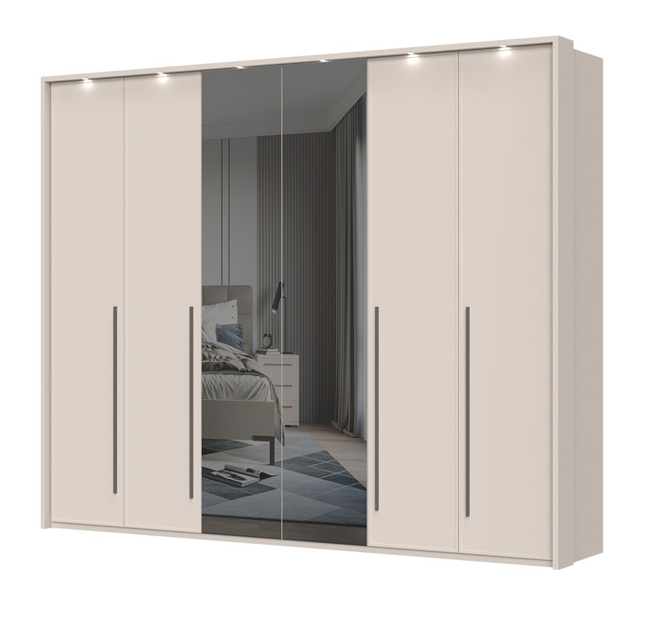 Šesťdverová šatníková skriňa baptiste so zrkadlom a led osvetlením -.


	Dizajn a farba: Skriňa je navrhnutá v moderných líniách a luxusnej kašmírovej farbe s matným finishom.
	Materiál a povrchová úprava: Vyrobená z vysoko kvalitného lamina s hrúbkou 18-25 mm, v kombinácii s MDF doskou, ktorá je použitá na čelá dverí a zásuviek.
	Funkčnosť: Skriňa je vybavená soft close systémom, ktorý zaisťuje tiché a pomalé dovieranie dvierok a zásuviek.
	Vnútorné usporiadanie: Vnútri skrine nájdete 12 políc a 4 šatníkové tyče, čo poskytuje dostatok úložného priestoru pre všetko šatstvo.
	Zrkadlo a osvetlenie: Dve prostredné dvierka sú opatrené zrkadlom, ktoré opticky zväčšuje priestor a dodáva miestnosti svetlo.
	Varianty a doplnky: Skriňa je dostupná v troch variantoch – základná, s rámom a s LED osvetlením.


Rozmery: Skriňa má rozmery 277x226x60 cm (šírka, výška, hĺbka), čo z nej robí ideálnu voľbu pre priestranné miestnosti.


Kolekcia Baptiste: Táto kolekcia je synonymom komfortu a luxusu, ktorý si zaslúžite.


Záver: Šesťdverová šatníková skriňa Baptiste so zrkadlom a LED osvetlením predstavuje perfektné spojenie elegancie, funkčnosti a kvality.

 