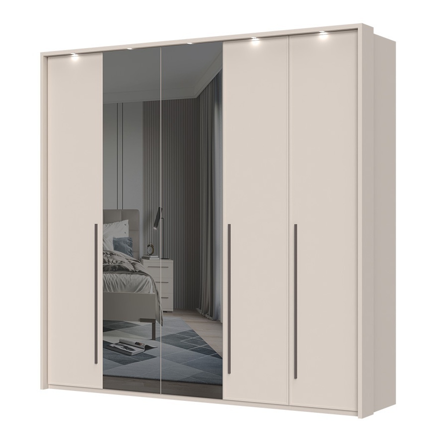 Päťdverová šatníková skriňa baptiste so zrkadlom a led osvetlením -.


Dizajn a materiály:


	Moderná línia a luxusná kašmírová farba s matným finishom.
	Kávovo hnedé úchytky dodávajú nábytku elegantný vzhľad.
	Vysoko kvalitné lamino s hrúbkou 18-25 mm v kombinácii s MDF doskou na čelá dverí a zásuviek.
	Povrch je upravený UV lakom, ktorý je až 5x odolnejší ako bežný lak.


Funkčnosť:


	Soft close systém pre tiché a pomalé dovieranie dvierok a zásuviek.
	Vnútorné priestory v textilnom dekore pre zvýraznenie prepychového designu.
	Nastaviteľné nôžky pre ľahké vyrovnanie na nerovnom povrchu.


Úložný priestor:


	Päťdverová konštrukcia s plnými dvierkami a dvoma zrkadlami na prostredných dverách.
	9 políc a tri šatníkové tyče pre dostatok úložného priestoru na všetko šatstvo.


Osvetlenie:


	Súčasťou skrine je LED osvetlenie, ktoré je dodávané so zdrojom.
	Skriňa je dostupná v troch variantoch: základná, s rámom a s LED osvetlením.


Prispôsobiteľnosť:


	Možnosť dokúpenia širokej škály doplnkov, ako sú LED osvetlenie, police a iné vychytávky.
	Skriňu je možné plne prispôsobiť individuálnym požiadavkám.


Rozmery:


	Celkové rozmery skrine sú 232x226x60 cm (šírka, výška, hĺbka).


Ďalšie informácie:


	Všetky produkty z kolekcie Baptiste, vrátane vhodných doplnkov, nájdete nižšie v súvisiacich produktoch.
	Táto kolekcia je synonymom pre komfort a luxus, ktorý si zaslúžite vo svojom domove.


Skriňa Baptiste predstavuje ideálne spojenie estetiky a praktického využitia, ktoré prinesie do vášho interiéru eleganciu a sofistikovanosť.

 