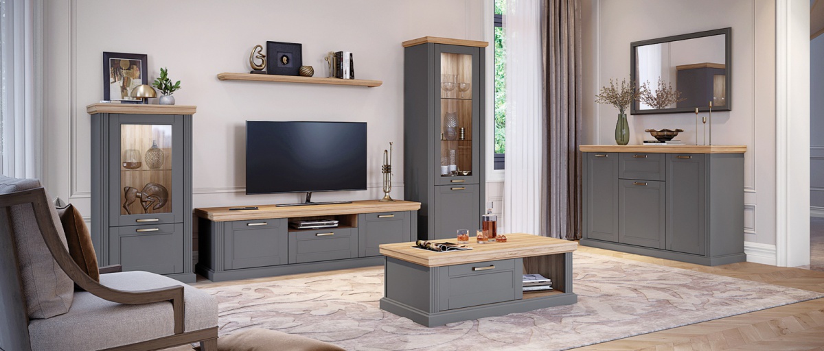 Obývacia izba artis - šedá/orech pacific.

 

 

Široká komoda Artis poskytuje úložný priestor v 3 skrinkách a 1 zásuvke.

 

Konferenčný stolík Artis má priestrannú 1 zásuvku a 1 otvorenú priehradku.

 

Televízny stolík široký Artis je vybavený 1 zásuvkou, 2 skrinkami a 1 otvorenou priehradkou.

 

Nízka vitrína Artis obsahuje 2 skrinky, horná je krytá dvierkami s tvrdeným sklom a spodná plnými dvierkami.

 

Úzka vitrína Artis je vybavená 2 skrinkami, horná je krytá dvierkami s tvrdeným sklom a spodnou plnými dvierkami.

 

Zrkadlo Artis je zasadené do profilovaného rámu z MDF líšt, lakovaných v grafitovo šedej farbe s matným efektom.

 

Polica Artis je vyrobená z profilovanej MDF dosky, potiahnutej fóliou v dekore orecha pacific.

 

 

Zostava sa skladá z týchto produktov:


	Široká komoda Artis-šedá/orech pacific - 167x102x48cm (š,v,h)
	Konferenčný stolík Artis-šedá/orech pacific – 110x40x61cm (š,v,h)
	TV stolík Artis-šedá/orech pacific – 177x52x54cm (š,v,h)
	Nízka vitrína Artis-šedá/orech pacific – 66x132x48cm (š,v,h)
	Úzka vitrína Artis-šedá/orech pacific – 66x200x48cm (š,v,h)
	Zrkadlo Artis-šedá/orech pacific – 125x75x4cm (š,v,h)
	Police Artis-orech pacific – 14x5x19cm (š,v,h)
	2x Osvetlenie pre vitríny – LN-18W



Všetky produkty z kolekcie Artis nájdete nižšie v súvisiacich produktoch.