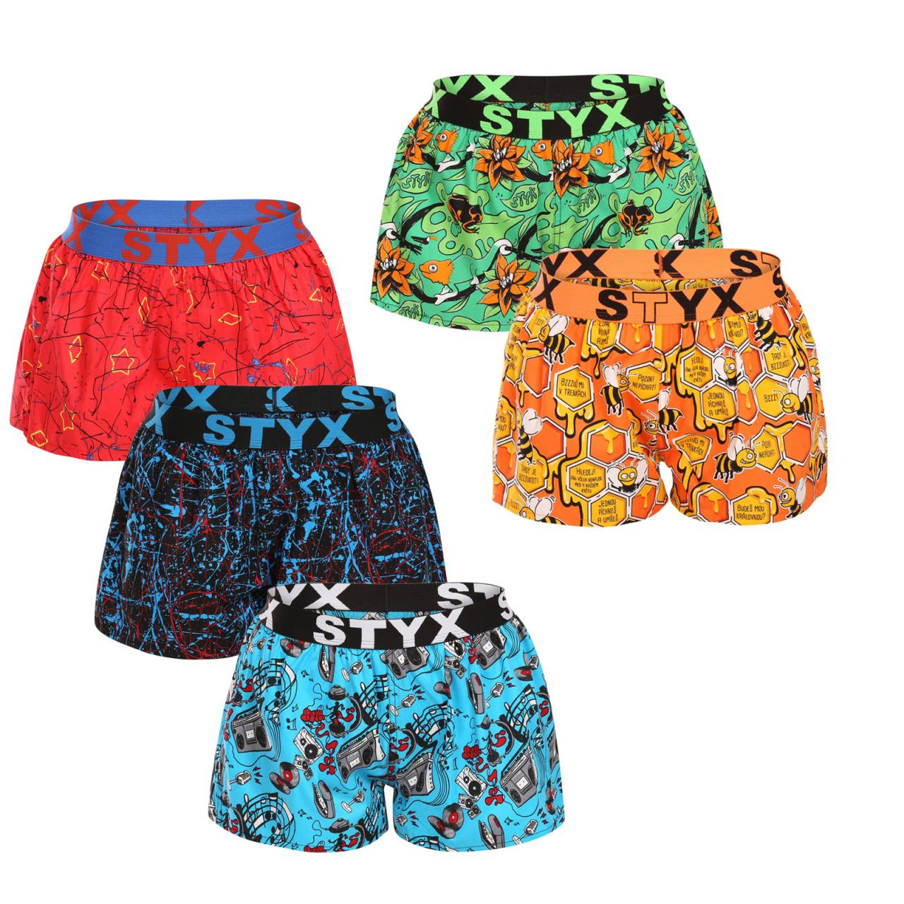 5PACK dámske trenky Styx art športová guma viacfarebné (5T1367834) L, trenírky.
Hľadáte pohodlné a štýlové šortky, ktoré vám určite zlepšia náladu?
Kvalitný materiál na každodenné nosenie
Dámske šortky Styx Art sú vyrobené zo 100 % bavlny.
Veselý dizajn a pohodlný strih
Dámske šortky Styx sú dokonale funkčné a štýlové.
Prečo si zamilujete dámske šortky Styx?

100 % bavlna: Priedušné, mäkké a príjemné na dotyk.
Veselý dizajn: Originálne a hravé vzory v žiarivých farbách rozžiaria váš deň.
Voľný strih pre maximálne pohodlie: Ideálne na spanie a na doma.
Vytkávaná guma v páse: Netlačí a dobre sedí.
Vyrobené v Českej republike: Česká kvalita a precízne spracovanie.

Spodná bielizeň Styx je jednou z najobľúbenejších
Česká značka Styx je medzi zákazníkmi známa najmä vďaka svojej spodnej bielizni s neotrelými vzormi vo výrazných farbách.
Ako sa starať o svoje obľúbené šortky Styx?
Aby vaše nové šortky vydržali dlho v perfektnom stave, odporúčame dodržiavať tieto tipy.

Pranie: Odporúčané na 30 °C, aby sa zachovala mäkkosť a kvalita potlače.
Sušenie: Sušenie v bubnovej sušičke: Nie je vhodné sušiť v bubnovej sušičke, uprednostnite sušenie na vzduchu.
Žehlenie: Áno, pri nižšej teplote (odporúčame žehliť naruby).

Tip: Nájsť ten správny kus spodnej bielizne, ktorý vám dokonale padne, môže byť náročné.