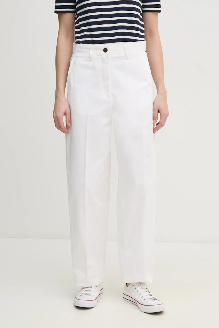 Bavlnené nohavice Tommy Hilfiger biela farba, rovné, vysoký pás, WW0WW45487.