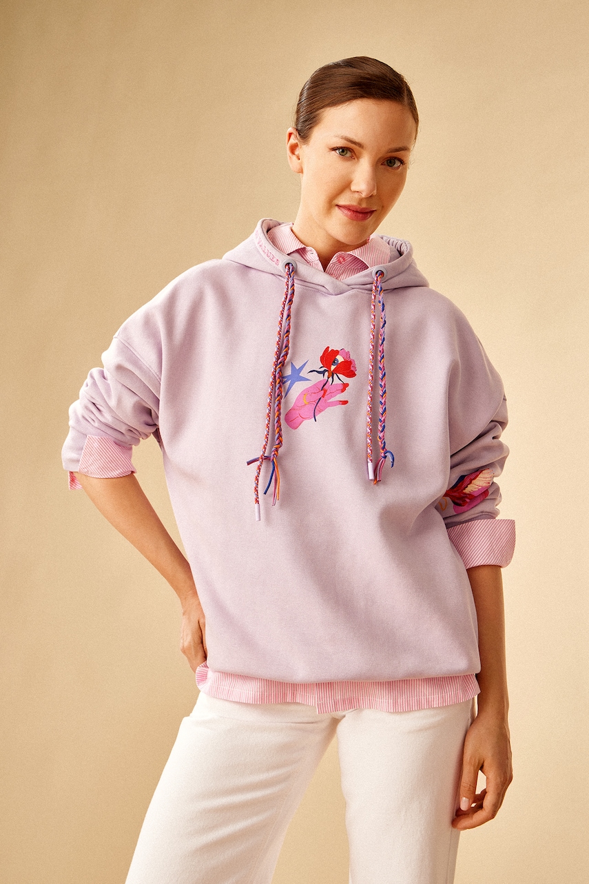 Mikina Medicine dámska, fialová farba, s kapucňou, s potlačou.