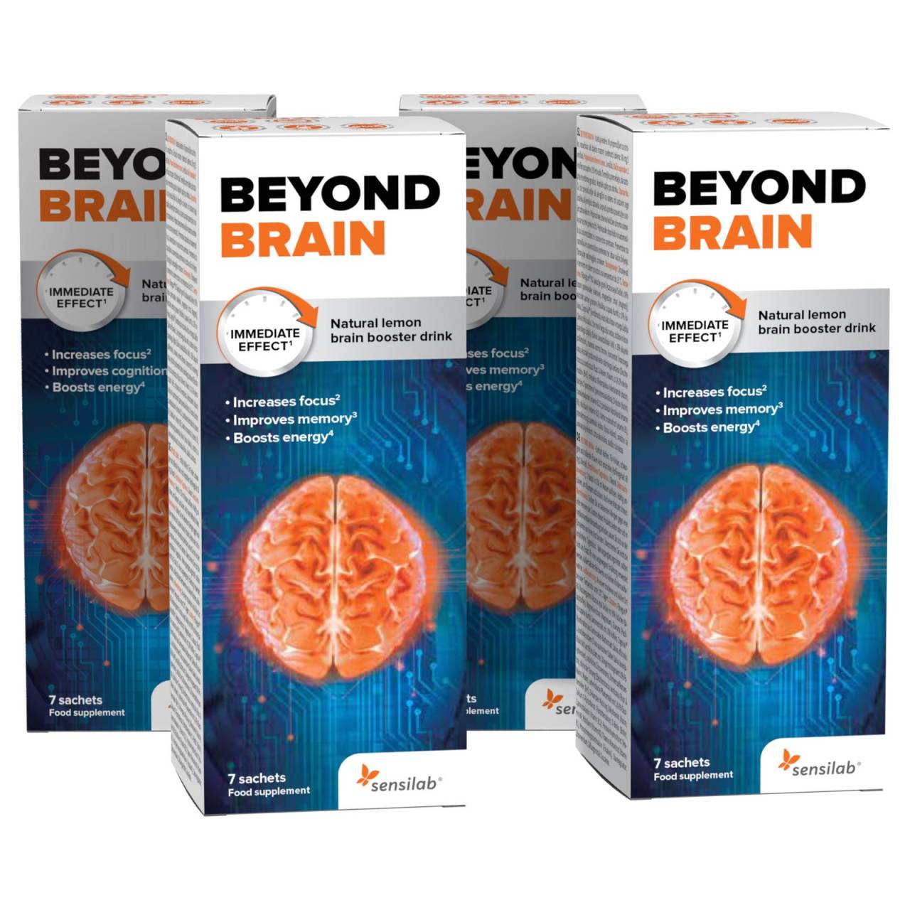 Beyond Brain Nootropikum 4er Pack - Konzentration steigern | Wirkt sofort, 6 Stunden erhöhte Wachsamkeit | Zitronengeschmack | Sensilab.