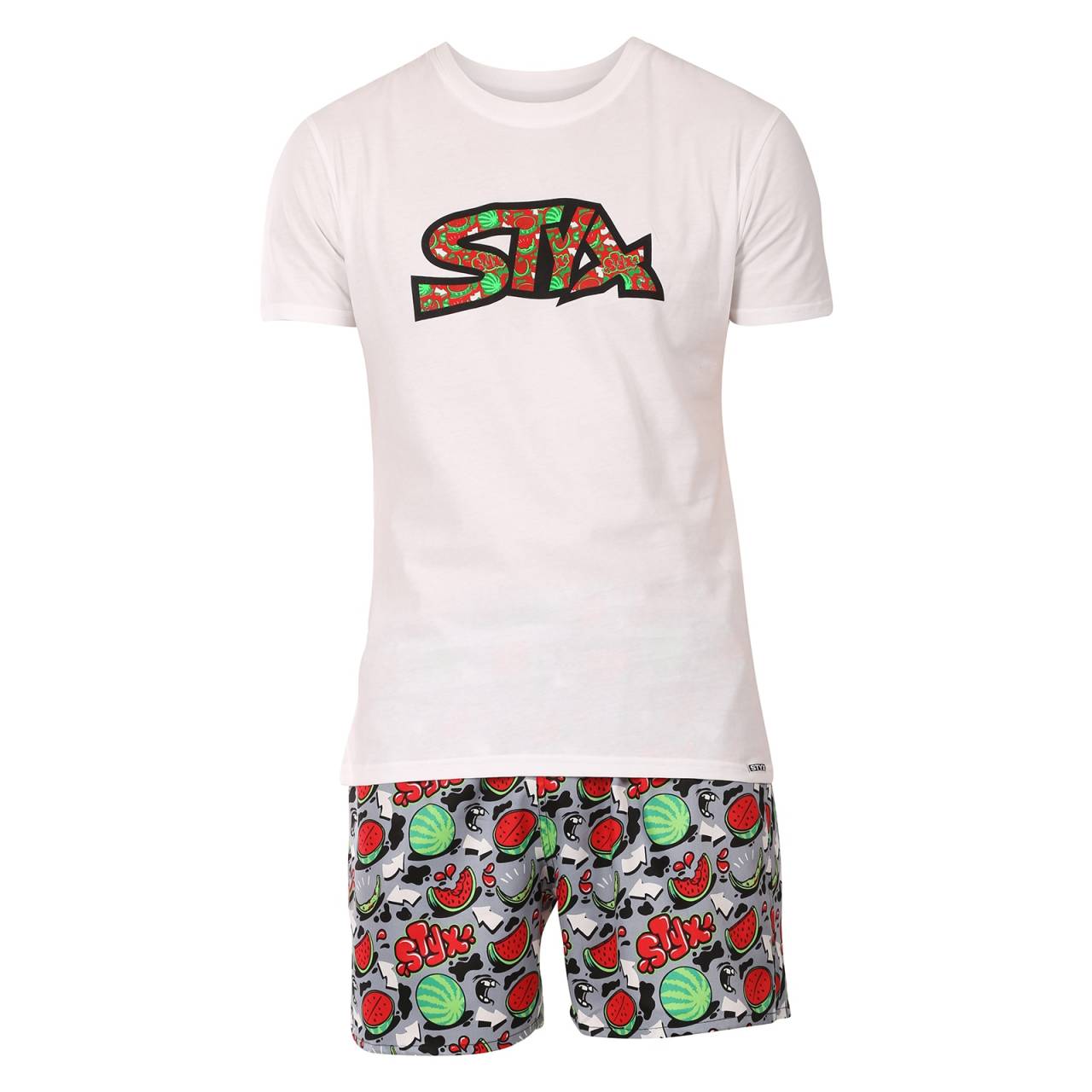 Pánske pyžamo Styx melóny (PKP1459) XL.
Doprajte si pohodlný spánok a štýlové chvíle doma s pánskym pyžamom Styx, ktoré je kompletne vyrobené v Českej republike.
Vysoko kvalitný materiál pre pohodlné nosenie
Tričko je vyrobené z príjemnej bavlny, ktorá je mäkká, priedušná a poskytne vám maximálny komfort počas celej noci.
Moderný dizajn, ktorý si zamilujete
Tričko s krátkymi rukávmi dopĺňajú boxerky s klasickým elastickým pásom, ktorý je pohodlný a zostáva presne tam, kde má.
Prečo vyskúšať pánske pyžamo Styx

Celkom vyrobené v Českej republike: Česká značka s tradíciou a poctivým spracovaním.
Kombinácia bavlny a bavlneného saténu: Mäkkosť, ľahkosť a priedušnosť v jednom.
Štýlový a moderný vzhľad: Tričko s logom a farebné boxerky vás odlíšia od davu.

Spodná bielizeň Styx patrí medzi najobľúbenejšie
Česká značka Styx je medzi zákazníkmi známa predovšetkým svojimi boxerkami s originálnymi vzormi v odvážnych farbách.
Ako sa starať o pánske pyžamy Styx
Aby vaše pyžamy vyzerali čo najdlhšie ako nové, odporúčame dodržiavať tieto pokyny na údržbu.

Pranie: Perte na 30 °C, ideálne naruby, aby sa potlač na tričku a farby boxeriek zachovali dlhšie.
Sušenie: Sušenie v sušičke sa neodporúča – materiály môžu stratiť svoj tvar a mäkkosť.
Žehlenie: Áno, pyžamo môžete žehliť – tričko aj šortky môžete žehliť pri strednej teplote.

Tip: Vaše obľúbené spodné prádlo si zaslúži šetrné zaobchádzanie.