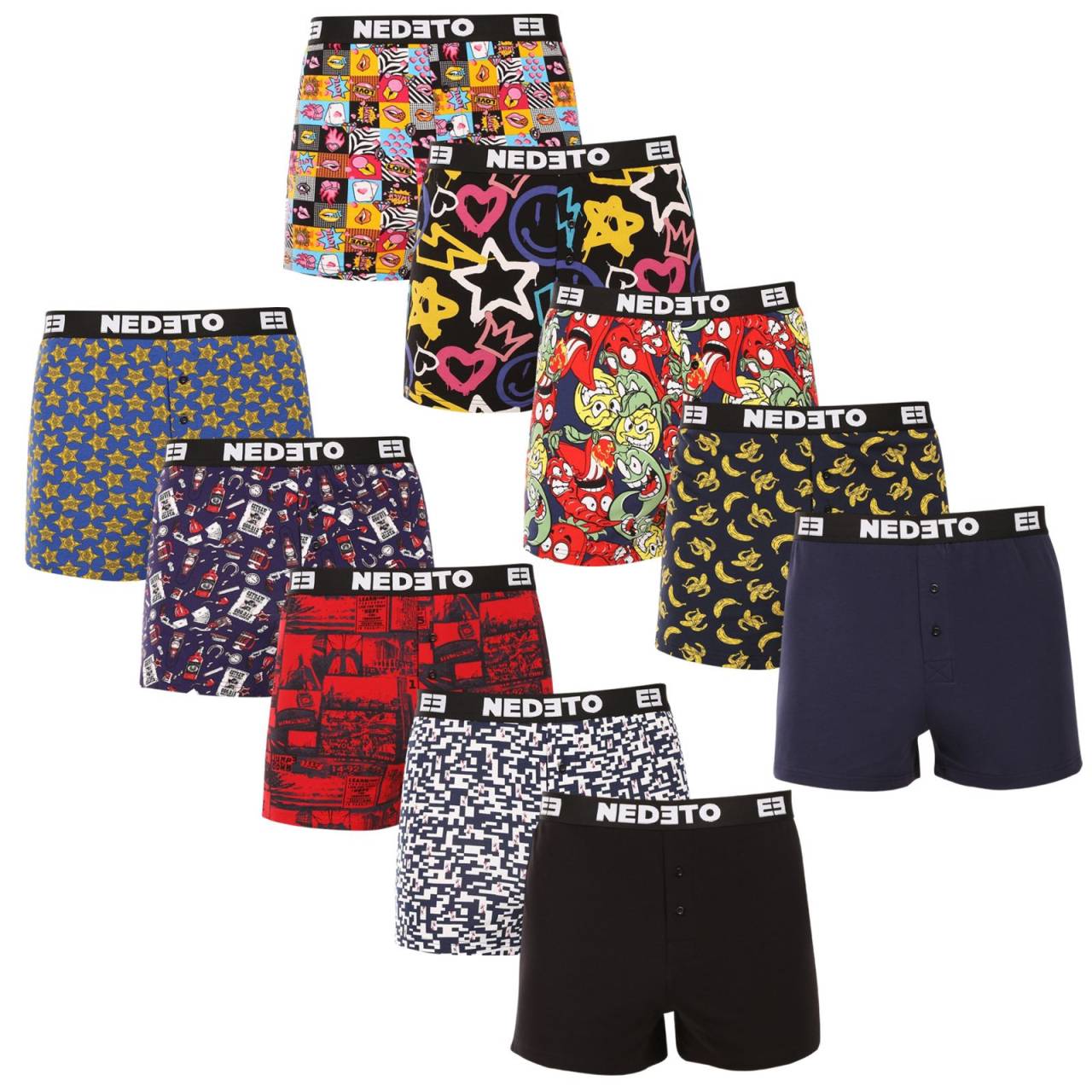 10PACK pánske trenky Nedeto viacfarebné (10NGV01) 3XL, trenírky.
Zabezpečte si celodenné pohodlie s pánskymi boxerkami Nedeto.
Pánske bavlnené boxerky pre dokonalý pocit na tele
Boxerky Nedeto sú vyrobené z bavlny a elastanu, čo zaručuje ich výnimočnú mäkkosť a priedušnosť.
Praktický dizajn pre všetkých moderných mužov
Boxerky Nedeto majú voľnejší strih, ktorý vám poskytuje maximálnu voľnosť pohybu.
Tieto vlastnosti boxeriek Nedeto oceníte každý deň

Voľný strih: Ideálny pre pohodlné celodenné nosenie bez pocitu obmedzenia.


Tkaná guma: Silná a pohodlná guma, ktorá drží boxerky na mieste bez zvierania.


Skvelý pomer ceny a kvality: Získate niekoľko kusov kvalitného spodného prádla za nízku cenu.

Česká značka Nedeto sa zameriava na kvalitu
Všetci nosíme spodné prádlo Nedeto, pretože si ho vyrábame sami.
Ako sa starať o boxerky Nedeto, aby vám vydržali čo najdlhšie
Aby vaše nové obľúbené boxerky Nedeto vydržali čo najdlhšie, odporúčame dodržiavať niekoľko jednoduchých pravidiel.

Pranie: Boxerky môžete bez obáv prať v práčke na 30 °C.


Žehlenie: Boxerky Nedeto môžete aj žehliť – odporúčame strednú teplotu a žehlenie na rubovej strane.


Sušenie: Nie je vhodné na sušenie v sušičke.

Tip: Nájdenie obľúbeného spodného prádla môže byť niekedy dlhý proces, preto chceme, aby vaše obľúbené kúsky vydržali čo najdlhšie.