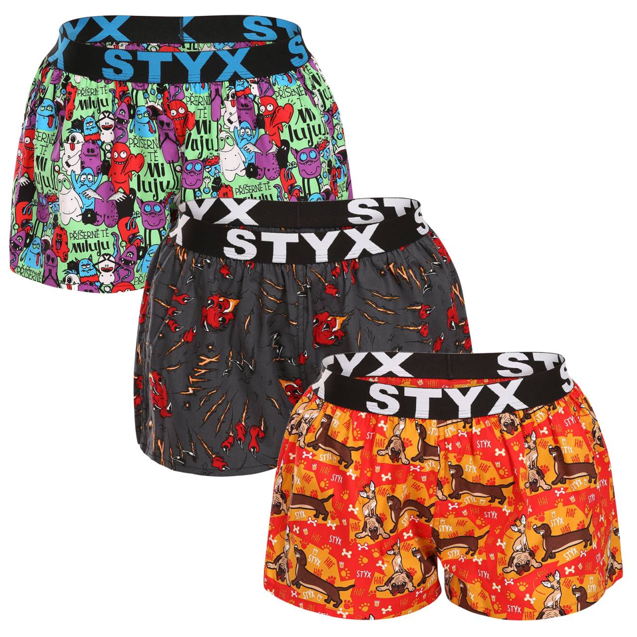 3PACK dámske trenky Styx art športová guma viacfarebné (3T15245) XL, trenírky.
Hľadáte pohodlné a štýlové šortky, ktoré vám určite zlepšia náladu?
Kvalitný materiál na každodenné nosenie
Dámske šortky Styx Art sú vyrobené zo 100 % bavlny.
Veselý dizajn a pohodlný strih
Dámske šortky Styx sú dokonale funkčné a štýlové.
Prečo si zamilujete dámske šortky Styx?

100 % bavlna: Priedušné, mäkké a príjemné na dotyk.
Veselý dizajn: Originálne a hravé vzory v žiarivých farbách rozžiaria váš deň.
Voľný strih pre maximálne pohodlie: Ideálne na spanie a na doma.
Vytkávaná guma v páse: Netlačí a dobre sedí.
Vyrobené v Českej republike: Česká kvalita a precízne spracovanie.

Spodná bielizeň Styx je jednou z najobľúbenejších
Česká značka Styx je medzi zákazníkmi známa najmä vďaka svojej spodnej bielizni s neotrelými vzormi vo výrazných farbách.
Ako sa starať o svoje obľúbené šortky Styx?
Aby vaše nové šortky vydržali dlho v perfektnom stave, odporúčame dodržiavať tieto tipy.

Pranie: Odporúčané na 30 °C, aby sa zachovala mäkkosť a kvalita potlače.
Sušenie: Sušenie v bubnovej sušičke: Nie je vhodné sušiť v bubnovej sušičke, uprednostnite sušenie na vzduchu.
Žehlenie: Áno, pri nižšej teplote (odporúčame žehliť naruby).

Tip: Nájsť ten správny kus spodnej bielizne, ktorý vám dokonale padne, môže byť náročné.