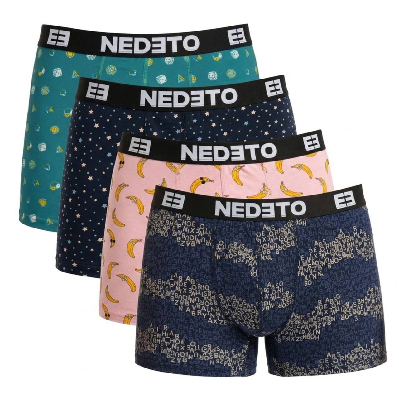 4PACK pánske boxerky Nedeto viacfarebné (4NBV1) 4XL, trenky.
Zbavte sa nudy a pridajte do svojho šatníka zdravú dávku štýlu a originality!
Pohodlný materiál pre ideálne pohodlie
Boxerky sú vyrobené z mäkkého a priedušného materiálu z bavlny s prímesou elastanu, vďaka čomu sa prispôsobia vášmu telu bez toho, aby vás akokoľvek obmedzovali.
Výrazný dizajn, ktorý vás pobaví
Zábavný potlač vytvára svieži a veselý vzhľad, ktorý vám zaručene zdvihne náladu.
Prečo vyskúšať boxerky Nedeto

Naša značka Nedeto: Kvalita, ktorú sami garantujeme a testujeme.
Originálny dizajn: Hravý štýl, ktorý vás rozosmeje.
Pohodlný materiál a strih: Vhodné na každodenné nosenie, relax a voľný čas.

Česká značka Nedeto ponúka kvalitné spodné prádlo za skvelú cenu
Nielenže predávame spodné prádlo Nedeto, ale tiež stojíme za jeho výrobou.
Ako sa starať o boxerky Nedeto
Aby vaše obľúbené boxerky dlho vyzerali ako nové, odporúčame dodržiavať tieto pokyny na údržbu.

Pranie: Boxerky perte na 30 °C, najlepšie naruby.
Sušenie: Nesušte v sušičke.
Žehlenie: Áno, boxerky môžete žehliť na nízkej teplote, ideálne naruby, aby nedošlo k poškodeniu vzoru a elastických vlákien.

Tip: Staňte sa odborníkom na starostlivosť o spodnú bielizeň vďaka tipom v našom článku a poskytnite svojim obľúbeným kúskom starostlivosť, ktorú si zaslúžia.