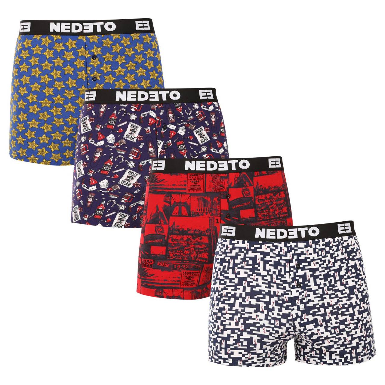 4PACK pánske trenky Nedeto viacfarebné (4NGV02) M, trenírky.
Zabezpečte si celodenné pohodlie s pánskymi boxerkami Nedeto.
Pánske bavlnené boxerky pre dokonalý pocit na tele
Boxerky Nedeto sú vyrobené z bavlny a elastanu, čo zaručuje ich výnimočnú mäkkosť a priedušnosť.
Praktický dizajn pre všetkých moderných mužov
Boxerky Nedeto majú voľnejší strih, ktorý vám poskytuje maximálnu voľnosť pohybu.
Tieto vlastnosti boxeriek Nedeto oceníte každý deň

Voľný strih: Ideálny pre pohodlné celodenné nosenie bez pocitu obmedzenia.


Tkaná guma: Silná a pohodlná guma, ktorá drží boxerky na mieste bez zvierania.


Skvelý pomer ceny a kvality: Získate niekoľko kusov kvalitného spodného prádla za nízku cenu.

Česká značka Nedeto sa zameriava na kvalitu
Všetci nosíme spodné prádlo Nedeto, pretože si ho vyrábame sami.
Ako sa starať o boxerky Nedeto, aby vám vydržali čo najdlhšie
Aby vaše nové obľúbené boxerky Nedeto vydržali čo najdlhšie, odporúčame dodržiavať niekoľko jednoduchých pravidiel.

Pranie: Boxerky môžete bez obáv prať v práčke na 30 °C.


Žehlenie: Boxerky Nedeto môžete aj žehliť – odporúčame strednú teplotu a žehlenie na rubovej strane.


Sušenie: Nie je vhodné na sušenie v sušičke.

Tip: Nájdenie obľúbeného spodného prádla môže byť niekedy dlhý proces, preto chceme, aby vaše obľúbené kúsky vydržali čo najdlhšie.