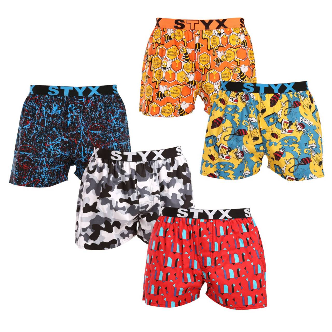 5PACK moške široke boksarice Styx art športna guma večbarvne (5B1473490) M.
Iščete kratke hlače, ki združujejo udobje, izvirnost in kakovostno izdelavo?
Kakovosten material za največje udobje
Kratke hlače Styx so izdelane iz 100-odstotnega bombaža, zato so zračne, lahke in prijetne na otip.
Eleganten videz in funkcionalen kroj
Zaradi ohlapnejšega kroja vam kratke hlače omogočajo največjo svobodo gibanja, kar boste cenili ne le čez dan, temveč tudi med športnimi aktivnostmi.
Zakaj imate radi kratke hlače Styx?

100-odstotni bombaž za veliko udobje: Dihajoč in udoben material.
Češka kakovost: Kratke hlače so v celoti izdelane na Češkem.
Ohlapno prileganje za največje udobje: Idealno za vsakodnevno nošenje in sprostitev.
Elegantni modeli: Ne gre za dolgočasen predal, temveč za dobro mero izvirnosti in sloga.

Češka blagovna znamka Styx ponuja zabavo in vrhunsko kakovost
Spodnje perilo Styx bo še posebej priljubljeno pri tistih, ki jim je pomembna individualnost.
Kako skrbeti zanje?
Če želite zagotoviti, da bodo vaše kratke hlače zdržale kot nove, priporočamo, da upoštevate naslednje smernice.

Pralnica: Perite v pralnem stroju pri 30 °C, da ohranite mehkobo bombaža.
Sušilni stroj: Kratkih hlač ni priporočljivo sušiti v sušilnem stroju, temveč jih pustite, da se posušijo na zraku.
Likanje: Kratke hlače lahko likate na srednji temperaturi, da ne poškodujete materiala.

Nasvet: Postanite strokovnjak za vzdrževanje spodnjega perila z z nasveti v našem članku in svojim najljubšim kosom zagotovite nego, ki si jo zaslužijo.