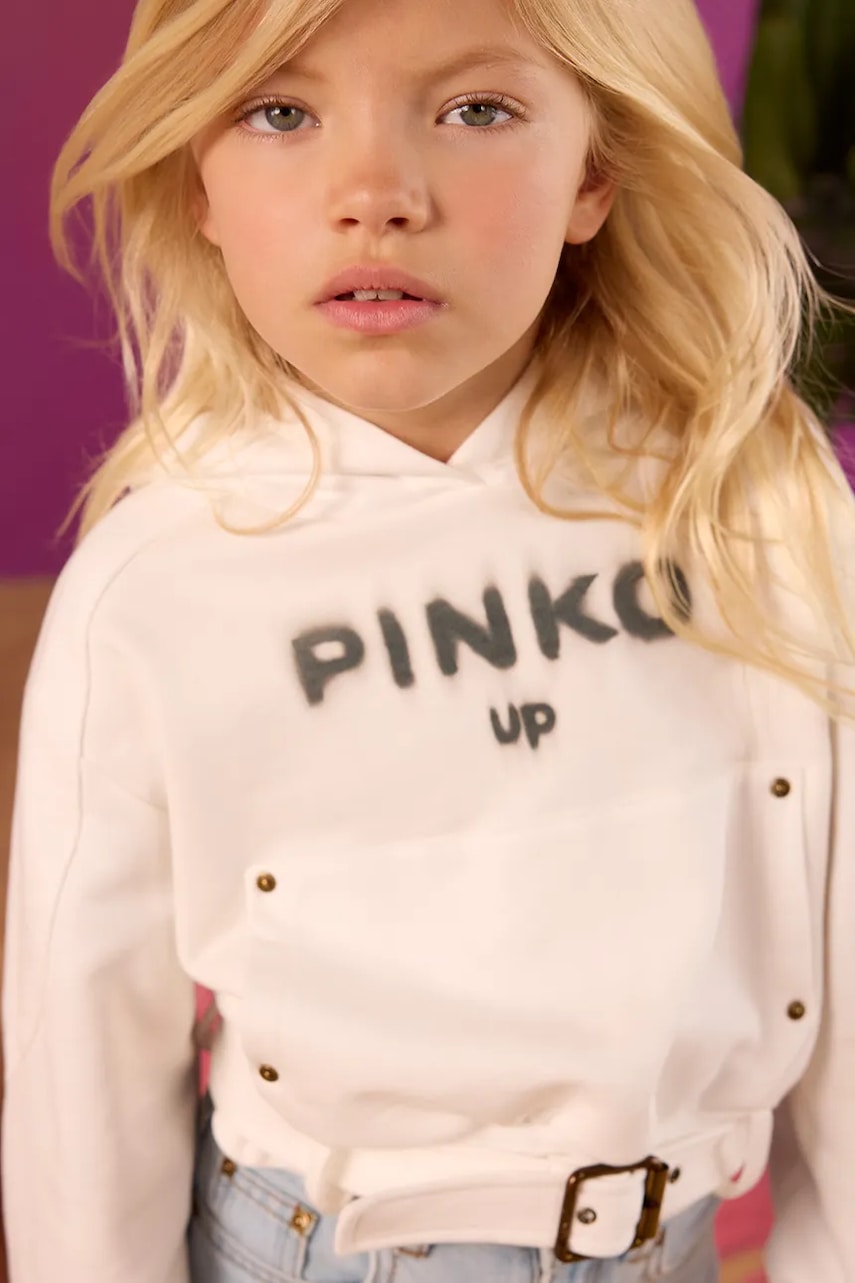 Detská bavlnená mikina Pinko biela farba, s kapucňou, s potlačou, KFFE007.0.FF014.