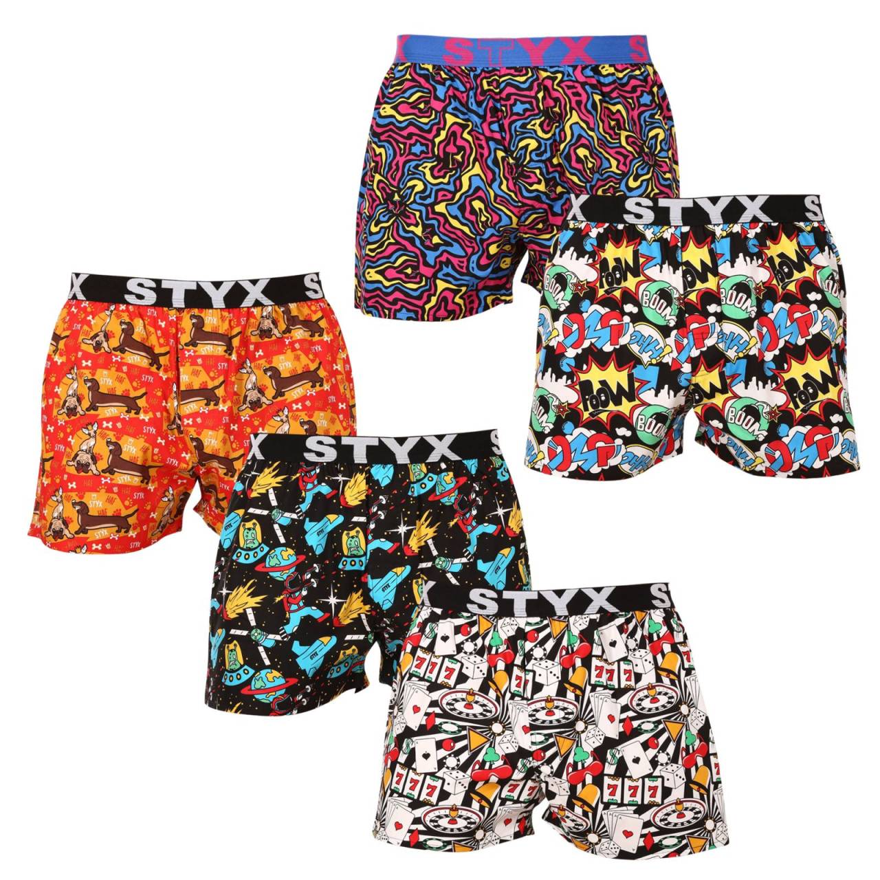 5PACK moške široke boksarice Styx art športna guma večbarvne (5B1460134) M.
Iščete kratke hlače, ki združujejo udobje, izvirnost in kakovostno izdelavo?
Kakovosten material za največje udobje
Kratke hlače Styx so izdelane iz 100-odstotnega bombaža, zato so zračne, lahke in prijetne na otip.
Eleganten videz in funkcionalen kroj
Zaradi ohlapnejšega kroja vam kratke hlače omogočajo največjo svobodo gibanja, kar boste cenili ne le čez dan, temveč tudi med športnimi aktivnostmi.
Zakaj imate radi kratke hlače Styx?

100-odstotni bombaž za veliko udobje: Dihajoč in udoben material.
Češka kakovost: Kratke hlače so v celoti izdelane na Češkem.
Ohlapno prileganje za največje udobje: Idealno za vsakodnevno nošenje in sprostitev.
Elegantni modeli: Ne gre za dolgočasen predal, temveč za dobro mero izvirnosti in sloga.

Češka blagovna znamka Styx ponuja zabavo in vrhunsko kakovost
Spodnje perilo Styx bo še posebej priljubljeno pri tistih, ki jim je pomembna individualnost.
Kako skrbeti zanje?
Če želite zagotoviti, da bodo vaše kratke hlače zdržale kot nove, priporočamo, da upoštevate naslednje smernice.

Pralnica: Perite v pralnem stroju pri 30 °C, da ohranite mehkobo bombaža.
Sušilni stroj: Kratkih hlač ni priporočljivo sušiti v sušilnem stroju, temveč jih pustite, da se posušijo na zraku.
Likanje: Kratke hlače lahko likate na srednji temperaturi, da ne poškodujete materiala.

Nasvet: Postanite strokovnjak za vzdrževanje spodnjega perila z z nasveti v našem članku in svojim najljubšim kosom zagotovite nego, ki si jo zaslužijo.