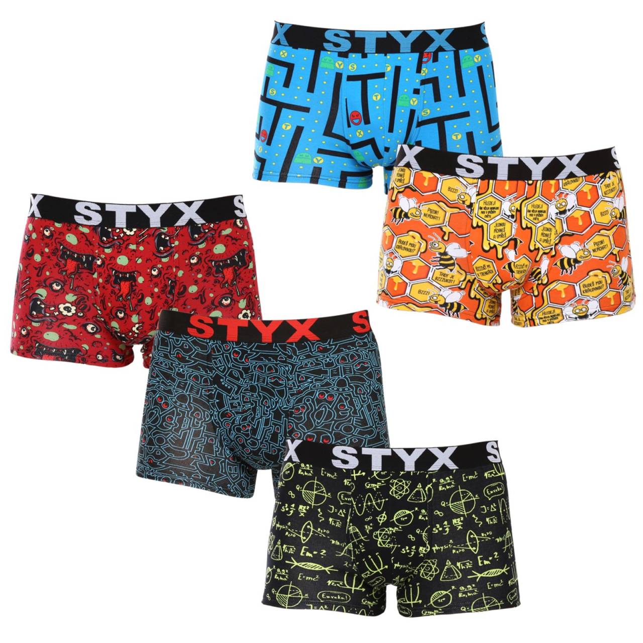 5PACK Herren Klassische Boxershorts Styx art sportlicher Gummizug mehrfarbig (5G1269124) XXL.
Gönnen Sie sich Komfort für den ganzen Tag mit den Styx Boxershorts für Männer in einer klassischen Farbgebung.
Hochwertiges Material für maximalen Komfort
Die Boxershorts sind aus einer hochwertigen Mischung aus Baumwolle und Kunstfasern gefertigt.
Praktisches Design und tschechische Präzision
Styx Boxershorts haben kürzere Beine, die nirgends einrollen und Ihnen maximale Bewegungsfreiheit bieten.
Warum Styx Boxershorts wählen

Tschechische Qualität: Entworfen und hergestellt in der Tschechischen Republik, was eine hohe Qualität der Verarbeitung garantiert.
Hochwertige Materialien: Kombination aus Baumwolle, Modal und Elastan für maximalen Komfort.
Universelles Design: Kürzere Beine und modisch-sportlicher Gummizug für jede Gelegenheit.

Styx-Unterwäsche ist eine der beliebtesten
Die tschechische Marke Styx ist bei den Kunden vor allem für ihre Shorts mit neuartigen Mustern in kräftigen Farben bekannt.
Wie pflege ich meine Styx-Boxershorts richtig?

Wäscherei: Bei 30°C mit einem milden Waschmittel waschen, damit das Material weich und bequem bleibt.
Trocknen: Es wird nicht empfohlen, Boxershorts im Wäschetrockner zu trocknen, sondern an der Luft zu trocknen, damit sie ihre Form behalten.
Bügeln: Falls erforderlich, bügeln Sie bei niedriger Temperatur, um die Weichheit des Materials zu erhalten.

Tip: Werden Sie ein Experte für die Pflege von Unterwäsche mit den Ratschlägen in unserem Artikel und geben Sie Ihren Lieblingsstücken die Pflege, die sie verdienen.