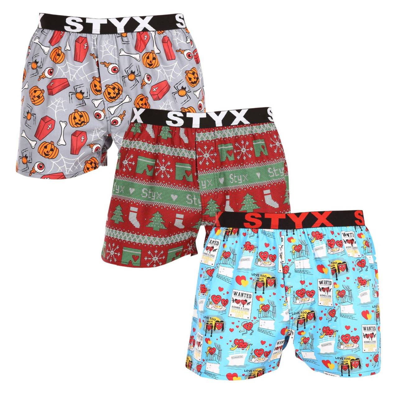 3PACK moške široke boksarice Styx art športna guma večbarvne (3B16826) XL.
Iščete kratke hlače, ki združujejo udobje, izvirnost in kakovostno izdelavo?
Kakovosten material za največje udobje
Kratke hlače Styx so izdelane iz 100-odstotnega bombaža, zato so zračne, lahke in prijetne na otip.
Eleganten videz in funkcionalen kroj
Zaradi ohlapnejšega kroja vam kratke hlače omogočajo največjo svobodo gibanja, kar boste cenili ne le čez dan, temveč tudi med športnimi aktivnostmi.
Zakaj imate radi kratke hlače Styx?

100-odstotni bombaž za veliko udobje: Dihajoč in udoben material.
Češka kakovost: Kratke hlače so v celoti izdelane na Češkem.
Ohlapno prileganje za največje udobje: Idealno za vsakodnevno nošenje in sprostitev.
Elegantni modeli: Ne gre za dolgočasen predal, temveč za dobro mero izvirnosti in sloga.

Češka blagovna znamka Styx ponuja zabavo in vrhunsko kakovost
Spodnje perilo Styx bo še posebej priljubljeno pri tistih, ki jim je pomembna individualnost.
Kako skrbeti zanje?
Če želite zagotoviti, da bodo vaše kratke hlače zdržale kot nove, priporočamo, da upoštevate naslednje smernice.

Pralnica: Perite v pralnem stroju pri 30 °C, da ohranite mehkobo bombaža.
Sušilni stroj: Kratkih hlač ni priporočljivo sušiti v sušilnem stroju, temveč jih pustite, da se posušijo na zraku.
Likanje: Kratke hlače lahko likate na srednji temperaturi, da ne poškodujete materiala.

Nasvet: Postanite strokovnjak za vzdrževanje spodnjega perila z z nasveti v našem članku in svojim najljubšim kosom zagotovite nego, ki si jo zaslužijo.
