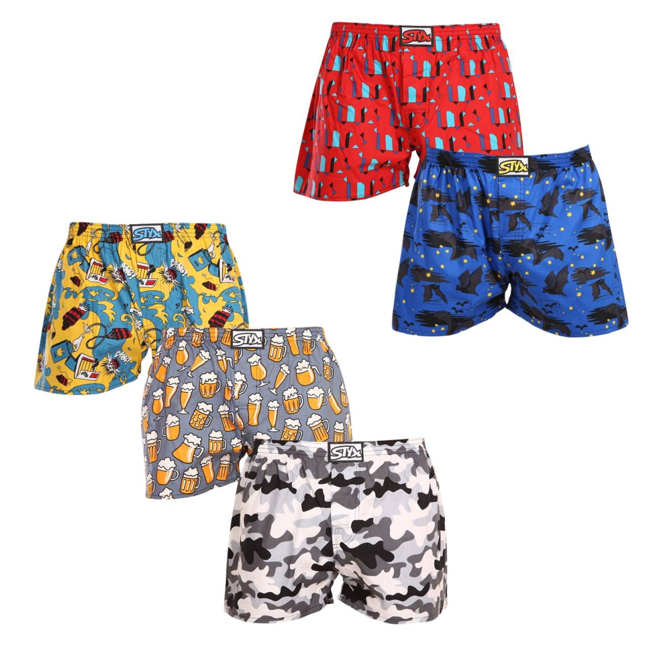 5PACK short hombre Styx art classic goma multicolor (5A1377909) XL.
Regálate estilo y comodidad con los pantalones cortos para hombre Styx, de colores vivos y diseños originales.
Material suave para una mayor comodidad durante todo el día
Los pantalones cortos Styx están hechos de algodón 100%, que ofrece suavidad y transpirabilidad incluso durante todo el día.
Diseño original y ajuste cómodo
Los shorts Styx aportarán alegría y un estilo único a tu armario gracias a sus atrevidos colores y originales estampados.
¿Por qué comprar pantalones cortos Styx?

Fabricado en la República Checa con especial atención a la calidad y la precisión.


Material 100% algodón para mayor suavidad y comodidad.


Diseños originales y divertidos que te diferenciarán.

Calidad de la República Checa, eso es ropa interior Styx
La ropa interior Styx se fabrica íntegramente en la República Checa.
Cómo cuidar los pantalones cortos Styx
Para mantener la calidad y la comodidad de sus pantalones cortos, siga estas directrices:

Lavandería: Lavar a una temperatura máxima de 30 °C para mantener los colores intensos y el algodón suave.


Secado: No recomendamos secarlos en la secadora, mejor dejarlos secar al aire libre.


Planchado: Para conseguir un aspecto liso, puede planchar los pantalones cortos a baja temperatura.

Consejo: Conviértete en una experta en mantenimiento de lencería con los consejos de nuestro artículo y dale a tus piezas favoritas el cuidado que se merecen.