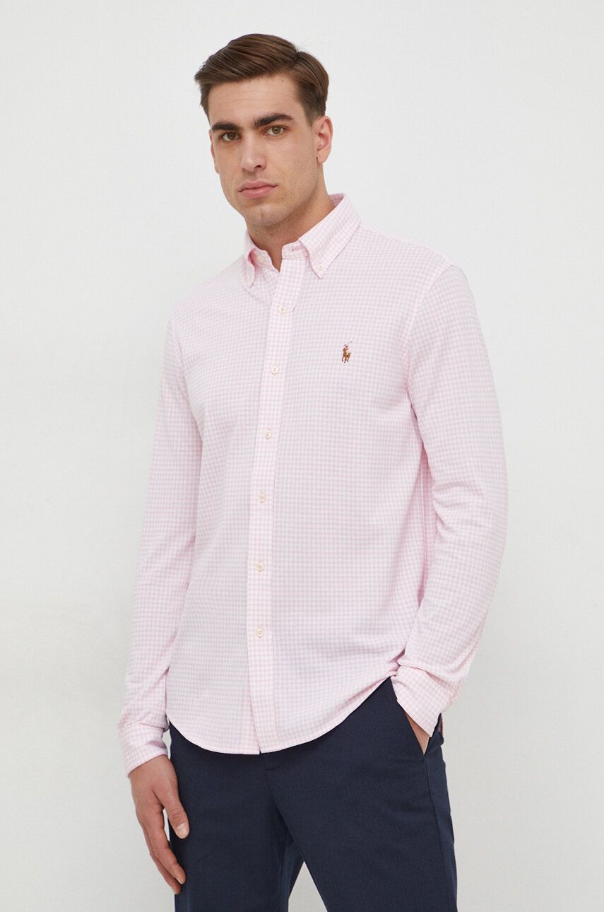 Bavlnená košeľa Polo Ralph Lauren pánska, ružová farba, regular, s golierom button-down.