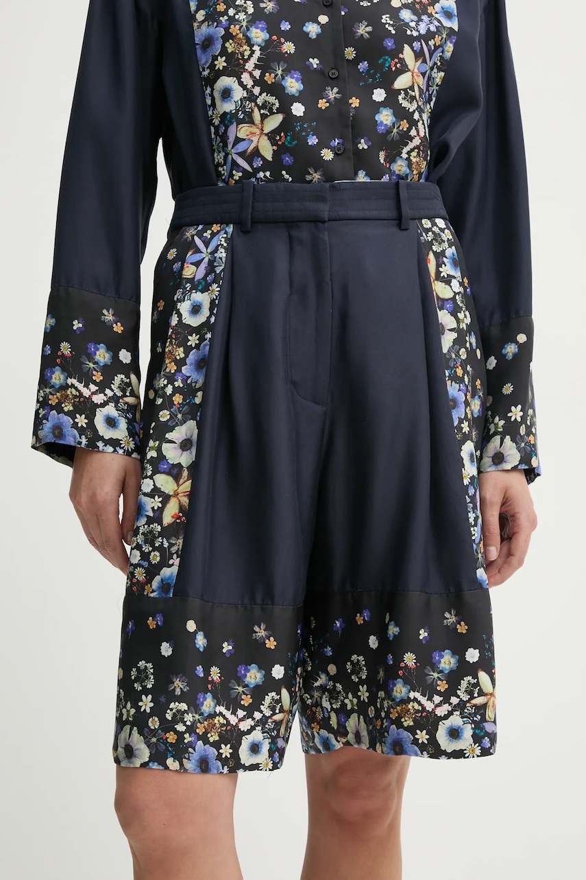 Hodvábne šortky MUNTHE FABIANE tmavomodrá farba, vzorované, vysoký pás, 251140125118.