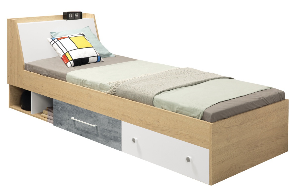 Detská posteľ 90x200cm barney - dub/šedá/biela.

 

Posteľ je vyrobená z populárneho lamina hrúbky 16mm s upravenými ABS hranami.

 

Rozmery detské postele 90x200cm Barney sú 94x85x228cm (š, v, h).

 

Všetok nábytok patriaci do kolekcie Barney a vhodné matrace nájdete nižšie v súvisiacich produktoch.