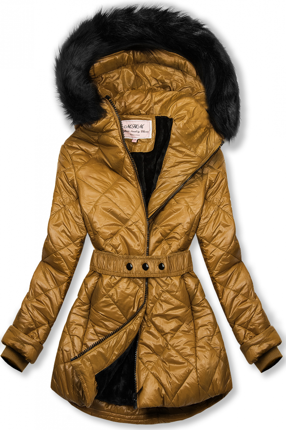 Karamelová lesklá zimná bunda s opaskom.
- neodopínateľná kapucňa
- odnímateľná kožušina
- zapínanie na zips
- v prednej časti 2 vrecká 
- vnútro zateplené plyšom
- s opaskom
- materiál: 100% polyester, podšívka: 100% polyester
 