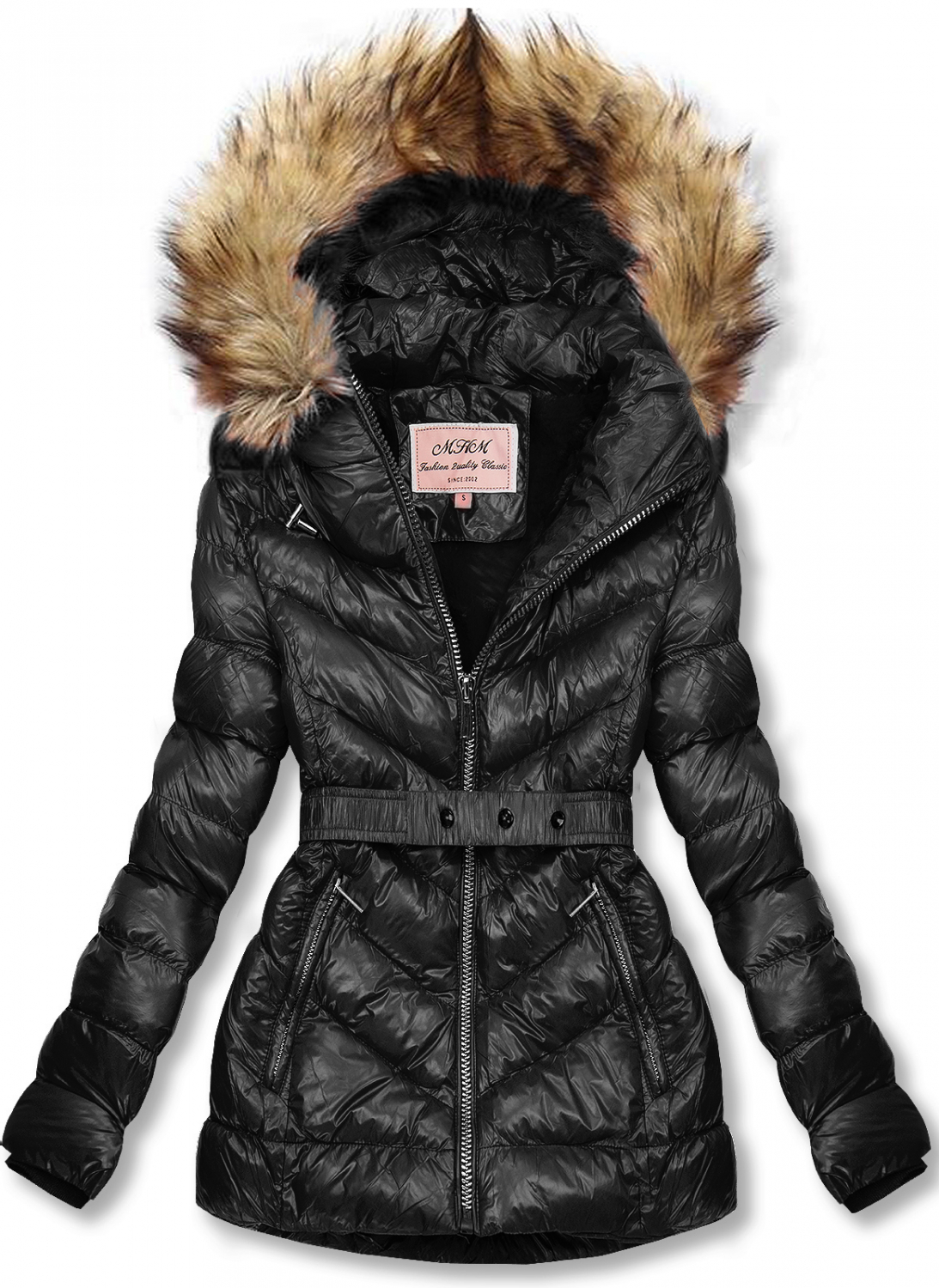 Čierna zimná krátka bunda s hnedou kožušinou.
- neodopínateľná kapucňa
- odnímateľná kožušina
- zapínanie na zips
- v prednej časti 2 vrecká 
- vnútro zateplené plyšom
- s opaskom
- materiál: 100% polyester, podšívka: 100% polyester