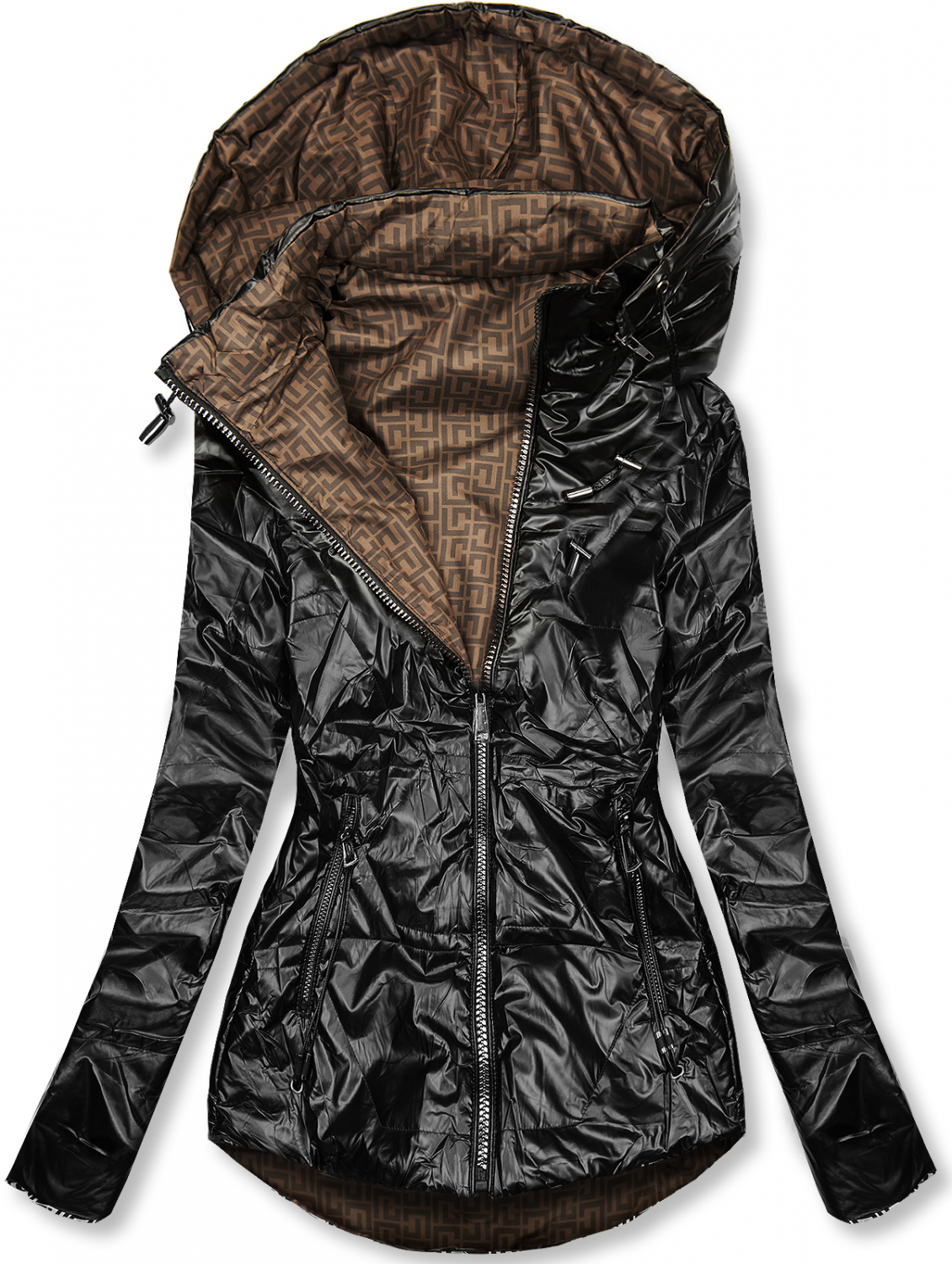 Čierna/hnedá lesklá obojstranná bunda.
- odopínateľná kapucňa
- zapínanie na zips
- kovové detaily v striebornej farbe
- dve predné vrecká
- materiál: 100% polyester, podšívka: 100% polyester