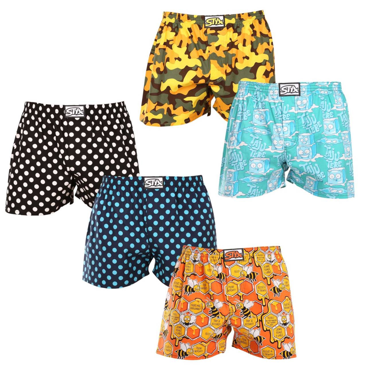 5PACK pánske trenky Styx art klasická guma viacfarebné (5A1590147) XXL, trenírky.
Doprajte si štýl a pohodlie s pánskymi šortkami Styx v pestrých farbách a originálnom dizajne.
Mäkký materiál pre celodenné pohodlie
Šortky Styx sú vyrobené zo 100 % bavlny, ktorá ponúka mäkkosť a priedušnosť aj pri celodennom nosení.
Originálny dizajn a pohodlné nosenie
Šortky Styx vnesú do vášho šatníka hravosť a jedinečný štýl vďaka odvážnym farbám a originálnym potlačiam.
Prečo si zaobstarať šortky Styx?

Vyrobené v Českej republike s dôrazom na kvalitu a precíznosť.


Materiál zo 100 % bavlny pre mäkkosť a pohodlie.


Originálne a zábavné vzory, ktoré vás odlíšia.

Kvalita z Českej republiky, to je spodná bielizeň Styx
Spodná bielizeň Styx sa kompletne vyrába v Českej republike.
Ako sa starať o šortky Styx
Ak chcete zachovať kvalitu a pohodlie svojich šortiek, postupujte podľa týchto pokynov:

Pranie: Perte pri maximálnej teplote 30 °C, aby ste zachovali intenzívne farby a mäkkosť bavlny.


Sušenie: Neodporúčame sušenie v bubnovej sušičke, radšej ich nechajte voľne uschnúť na vzduchu.


Žehlenie: Šortky môžete žehliť pri nízkej teplote, aby mali hladký vzhľad.

Tip: Staňte sa expertom na údržbu spodnej bielizne vďaka tipom v našom článku a doprajte svojim obľúbeným kúskom starostlivosť, akú si zaslúžia.