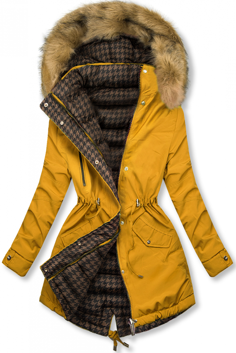 Žltá obojstranná parka na zimu.
- vyvýšený golier 
- odopínateľná kapucňa 
- odopínateľná kožušina
- zapínanie na zips a patentky
- v páse nastaviteľné sťahovanie
- dve predné vrecká 
- všetky prvky v striebornej farbe
- materiál: 100% polyester