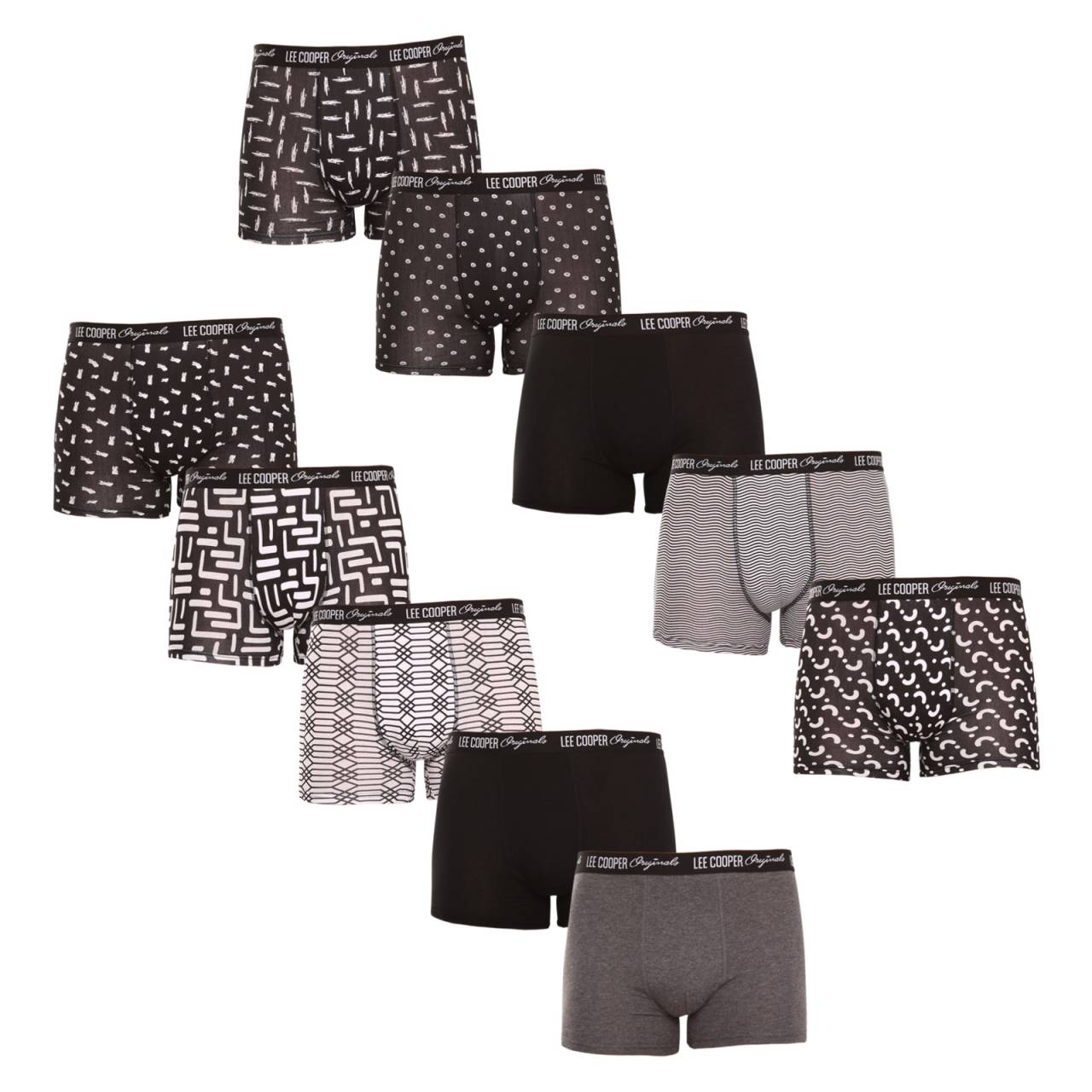 10PACK herenboxershort Lee Cooper veelkleurig (LCUBOX10P0102-1440169) M.
Trakteer jezelf op uitzonderlijk comfort en modern design met deze set herenboxers van het populaire merk Lee Cooper.
Kwaliteitsmateriaal dat je niet in de steek laat
De Lee Cooper boxershorts zijn gemaakt van een eersteklas mix van katoen en elastaan die zachtheid, ademend vermogen en flexibiliteit biedt.
Eenvoudig ontwerp, moderne look en eindeloos comfort
Elk paar boxers in deze verpakking heeft een origineel ontwerp.
Waarom zal je van Lee Cooper boxers houden?

Veelzijdig ontwerp: Veelkleurige patronen die je garderobe extra pit geven.


Comfort en kwaliteit: Hoogwaardige mix van katoen en elastaan voor de hele dag door comfort.


Veelzijdigheid: Ideaal voor dagelijks gebruik, sport en vrijetijdsactiviteiten.


Stijlvol detail: Het geweven rubber met het Lee Cooper logo zorgt voor een moderne look.

Lee Cooper maakt al meer dan 100 jaar kwaliteitsondergoed
Herenboxers en ander ondergoed van de hoogste kwaliteit vind je bij Lee Cooper, een merk dat populair is bij klanten over de hele wereld.
Hoe je je nieuwe boxers goed verzorgt

Wasgoed: Om de kleur en kwaliteit van het materiaal te behouden, raden we aan de boxers te wassen op 40 °C.


Drogen: Voor een langere wasduur raden we het gebruik van een wasdroger af.


Strijken: Boxershorts kunnen gestreken worden op een lage temperatuur die geschikt is voor katoen.

Tip: Het juiste ondergoed vinden dat perfect bij je past, kan een uitdaging zijn.