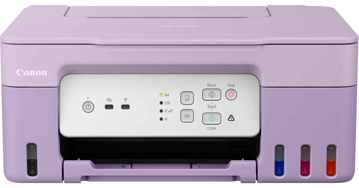 Canon PIXMA G3430 5989C025 atramentová multifunkcia, fialová.

Vďaka tejto rýchlej a jednoducho ovládateľnej tlačiarni 3 v 1 s doplniteľnými zásobníkmi atramentu a pripojením k sieti Wi-Fi výrazne ušetríte na nákladoch za domáci tlač.

Tlačte, kopírujte a skenujte dokumenty doma a pritom výrazne ušetrite vďaka tejto rýchlej, cenovo dostupnej a efektívnej tlačiarni MegaTank s pripojením na sieť Wi-Fi.

Formát tlačiarne:  A4
Rozlíšenie [DPI]: Až 4 800 × 1 200 dpi

Technológia tlače: 
*2 tlačové hlavy FINE (čierna a farebná)
*Tlačiareň s doplniteľnými zásobníkmi atramentu

Rýchlosť čiernej tlače:  približne 11 obr./min
Rýchlosť farebnej tlače:  približ.

Obojstranná tlač:  Ručná obsluha

Kapacita zásobníka [str]: 
*Maximálna vstupná kapacita papiera: Zadný zásobník: max.

Rozhranie: 

Štandardné rozhranie
*Vysokorýchlostné rozhranie USB (port B)
*Wi-Fi IEEE802.11 b/g/n
*Zabezpečenie siete Wi-Fi: WPA-PSK, WPA2-PSK, WEP, heslo pre správu
*Frekvenčné pásmo bezdrôtovej siete LAN: 2,4 GHz
*Wireless PictBridge

Skenér: 

Typ skenera: Plochý skener fotografií a dokumentov so snímačom CIS
Rozlíšenie skenera (optické): 600 × 1 200 dpi

Rýchlosť skenovania riadkov:
Farebne: 3,5 ms / riadok (300 dpi)
Stupne šedej: 1,5 ms / riadok (300 dpi)

Hĺbka skenovania (vstup/výstup):
Farba: 16-bitový/8-bitový pre každú zložku RGB
Stupne šedej: 16 bitov/8 bitov

Maximálna veľkosť dokumentu: A4/LTR

Fax:  Nie

Spotreba [W]:  Kopírovanie: približ.

Spotreba StandBy [W]: 

Vypnuté: približne 0,1 W
Pohotovostný režim (pri pripojení k počítaču cez USB): približne 0,6 W
Pohotovostný režim (pripojené všetky porty): približne 1,1 W

Hlučnosť [dB]:  približ.

Rozmery: 

*Pribl.
*Pribl.

Hmotnosť [kg]:  približ.

Podporované operačné systémy: 

Windows 11, Windows 10, Windows 8.1, Windows 7 SP1
Funkčnosť možno zaručiť iba na počítači s predinštalovaným operačným systémom Windows 7 alebo novším.
Ovládač tlačiarne, nástroj IJ Printer Assistant Tool a nástroj IJ Network Device Setup Utility sú dostupné pre nasledujúce operačné systémy:
Windows Server 2008 R2 SP1, Windows Server 2012 R2, Windows Server 2016, Windows Server 2019, Windows Server 2022

Mac: OS X 10.14.6 až macOS 12,

Chrome OS

Mobilné operačné systémy: iOS®, Android™

Obsah balenia:

*Atramentová tlačiareň MegaTank rady PIXMA G3430 s doplniteľnými zásobníkmi
*4 atramentové fľaše s vysokou výťažnosťou (1× čierna a 1× C/M/Y)
*Napájací kábel
*Príručky a ďalšie dokumenty
*Inštalačný disk CD-ROM (disk CD len pre systém Windows)

Záruka: 24 mes.

 https://www.canon.sk/printers/pixma-g3430/specifications/
 
!